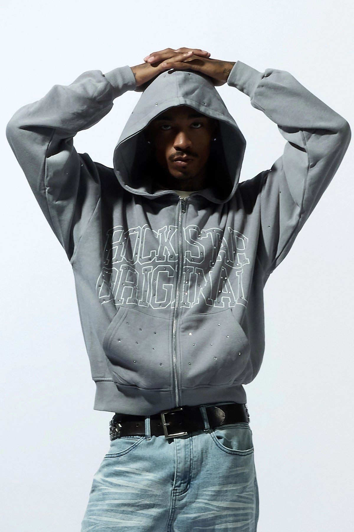 Dripped Vintage Grey Rhinestone Hoodie