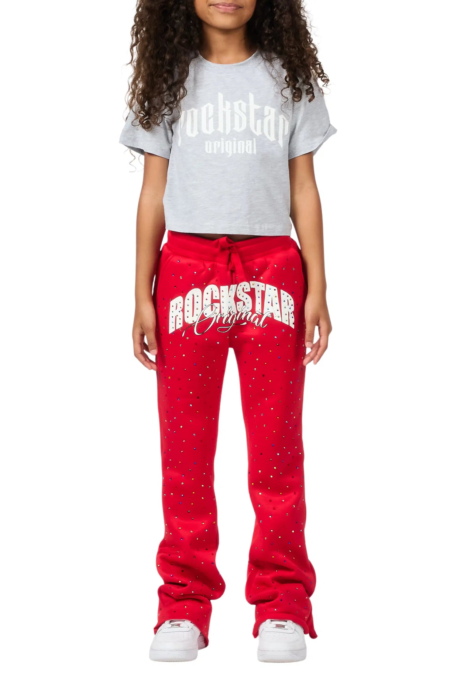 Girls Franchesca Red Rhinestone Stacked Track Pant