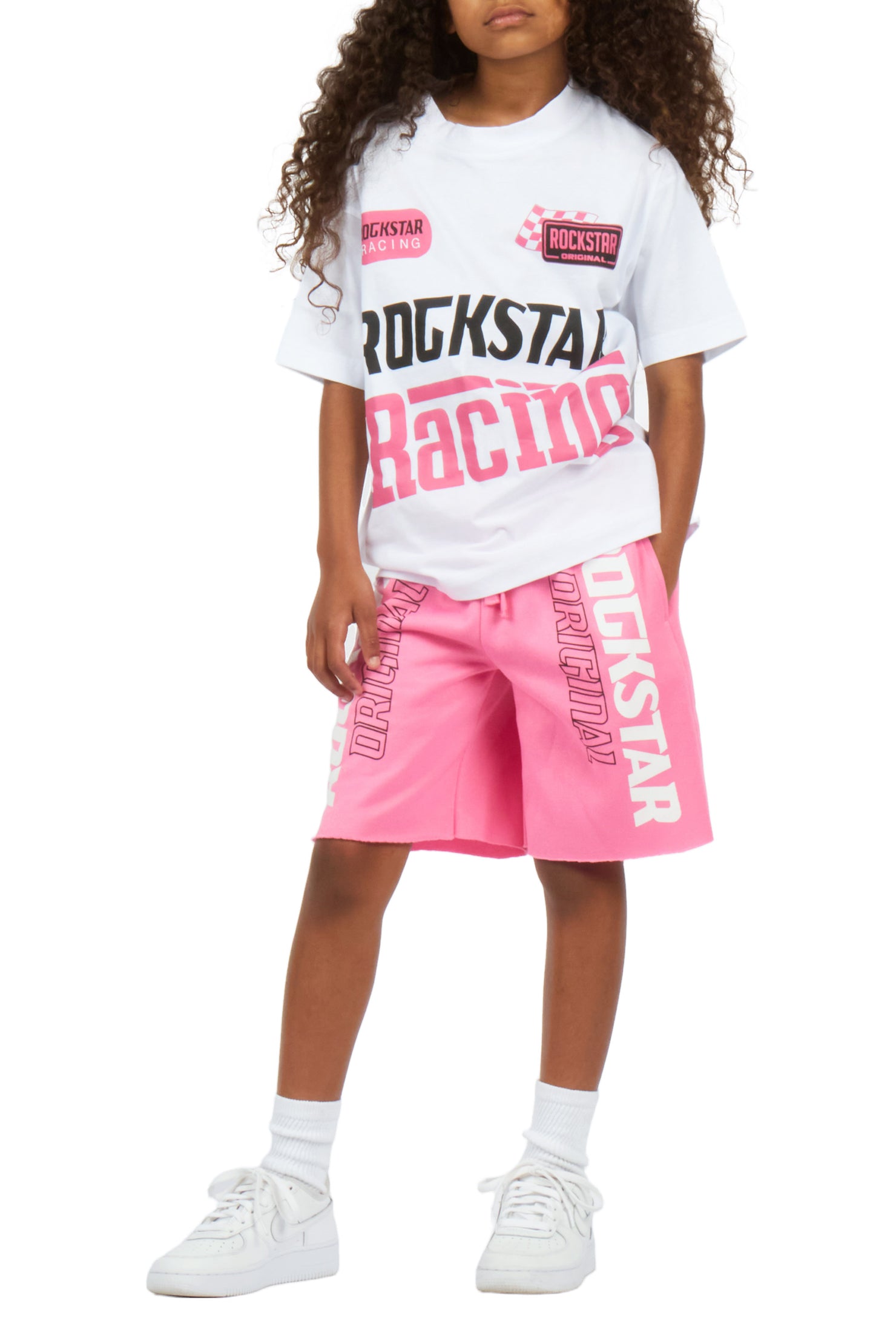 Girls Tarie White/Pink Oversized T-Shirt Short Set