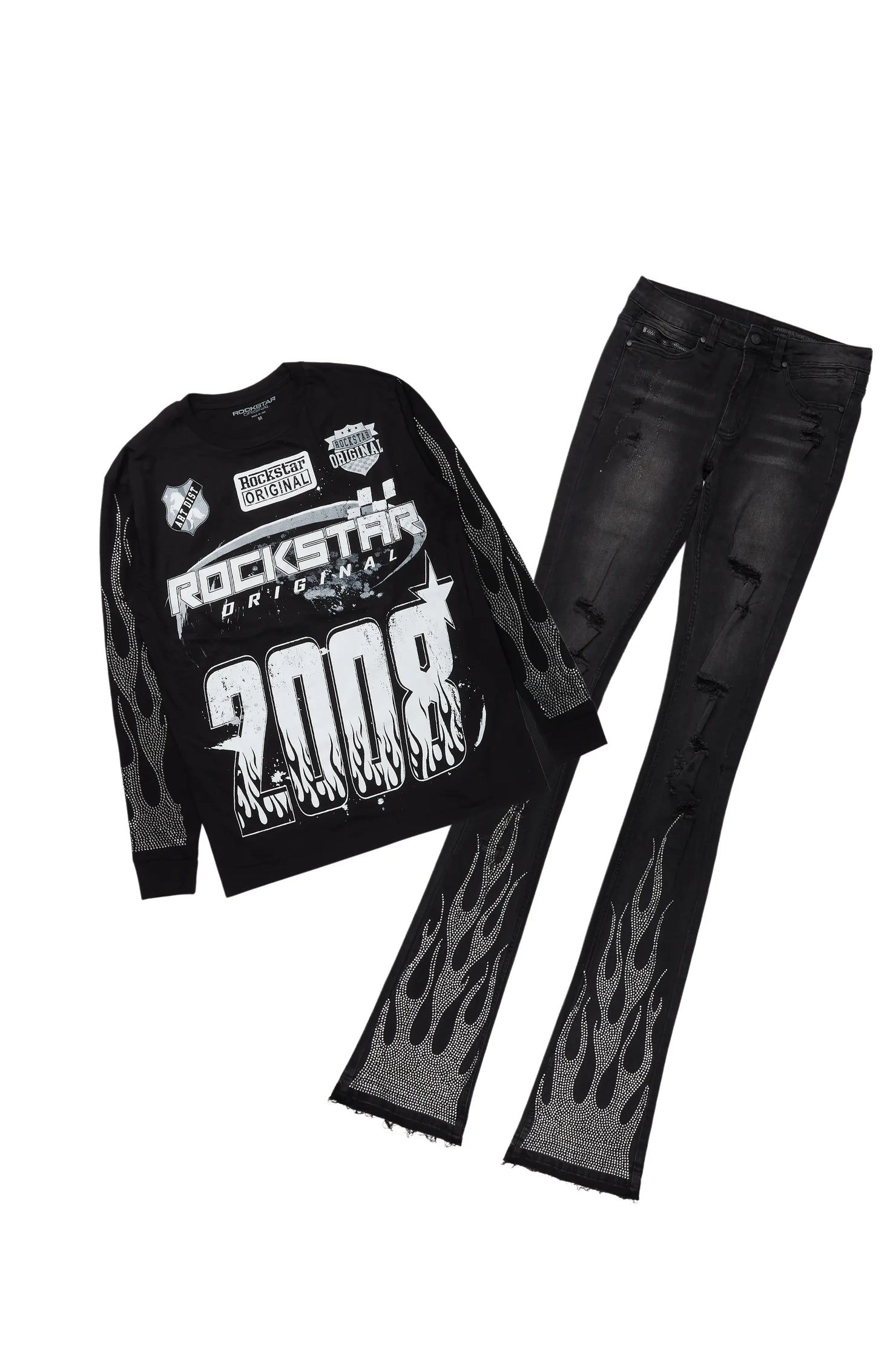 Amos Black Rhinestone Long Sleeve T-Shirt/Super Stacked Flare Jean Set