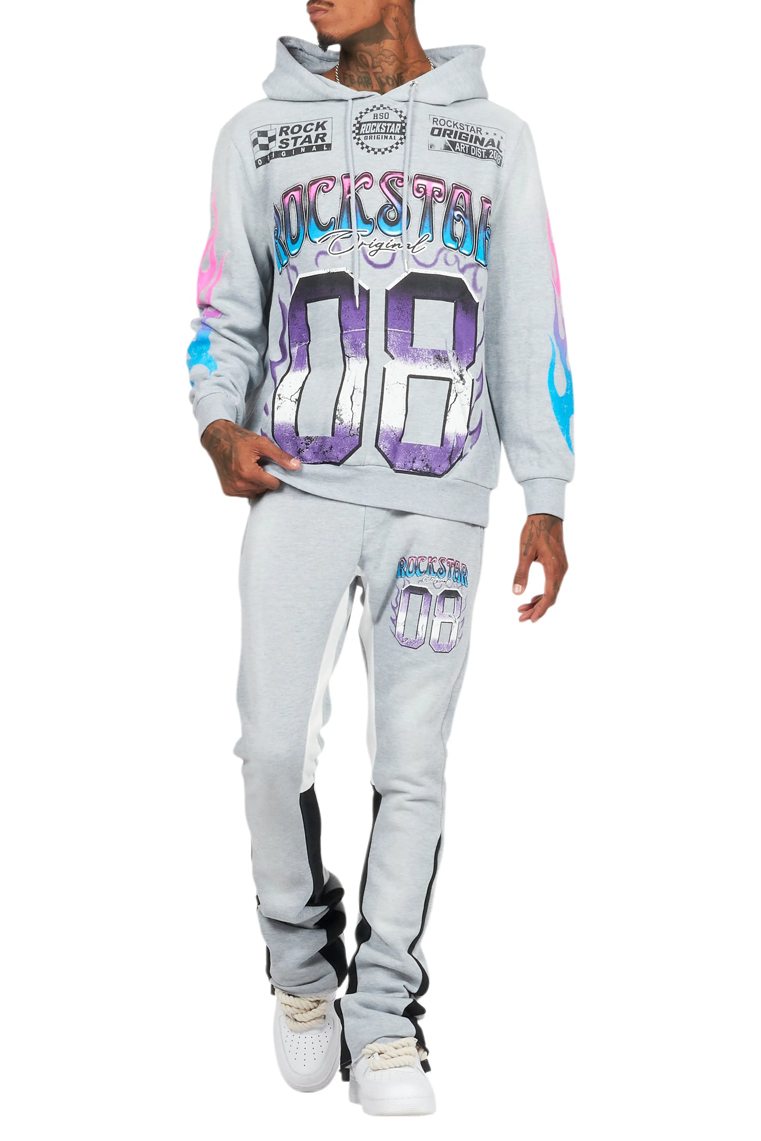 Quito Heather Grey Stacked Flare Hoodie Track Set