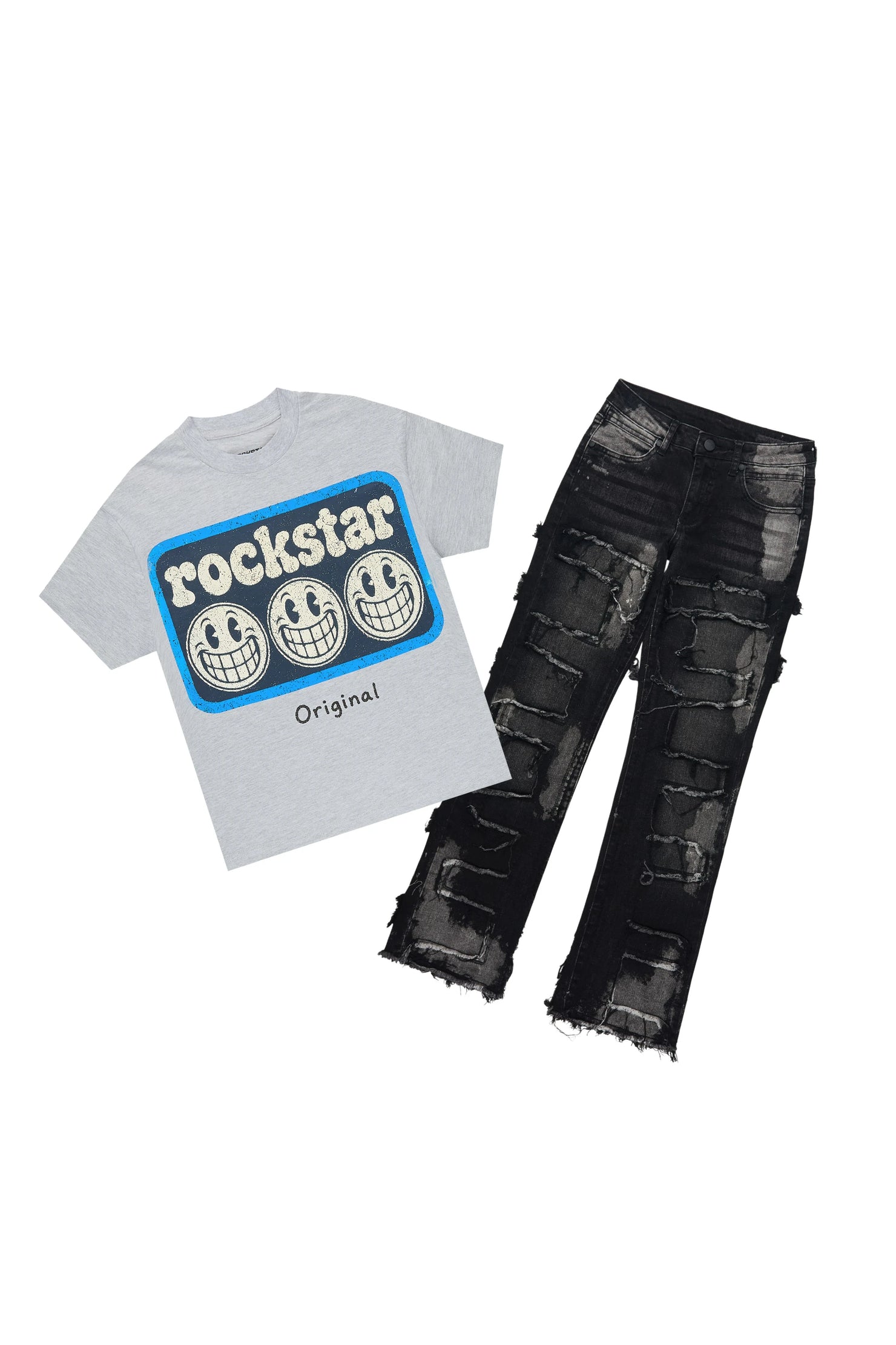Boys Blarney Grey/Black Graphic T-Shirt Stacked Jean Set