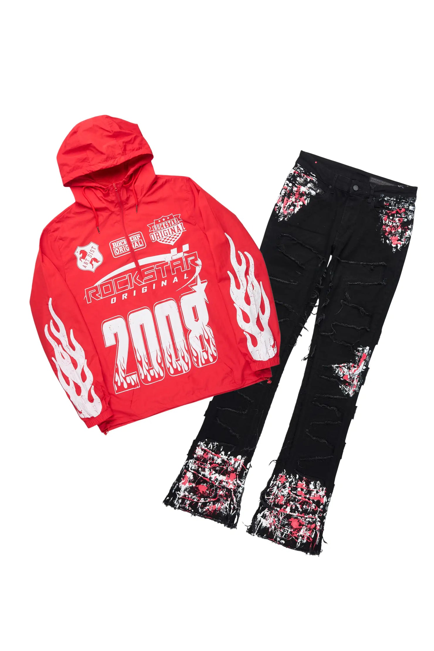 Amos Red/Black Windbreaker/Stacked Flare Jean