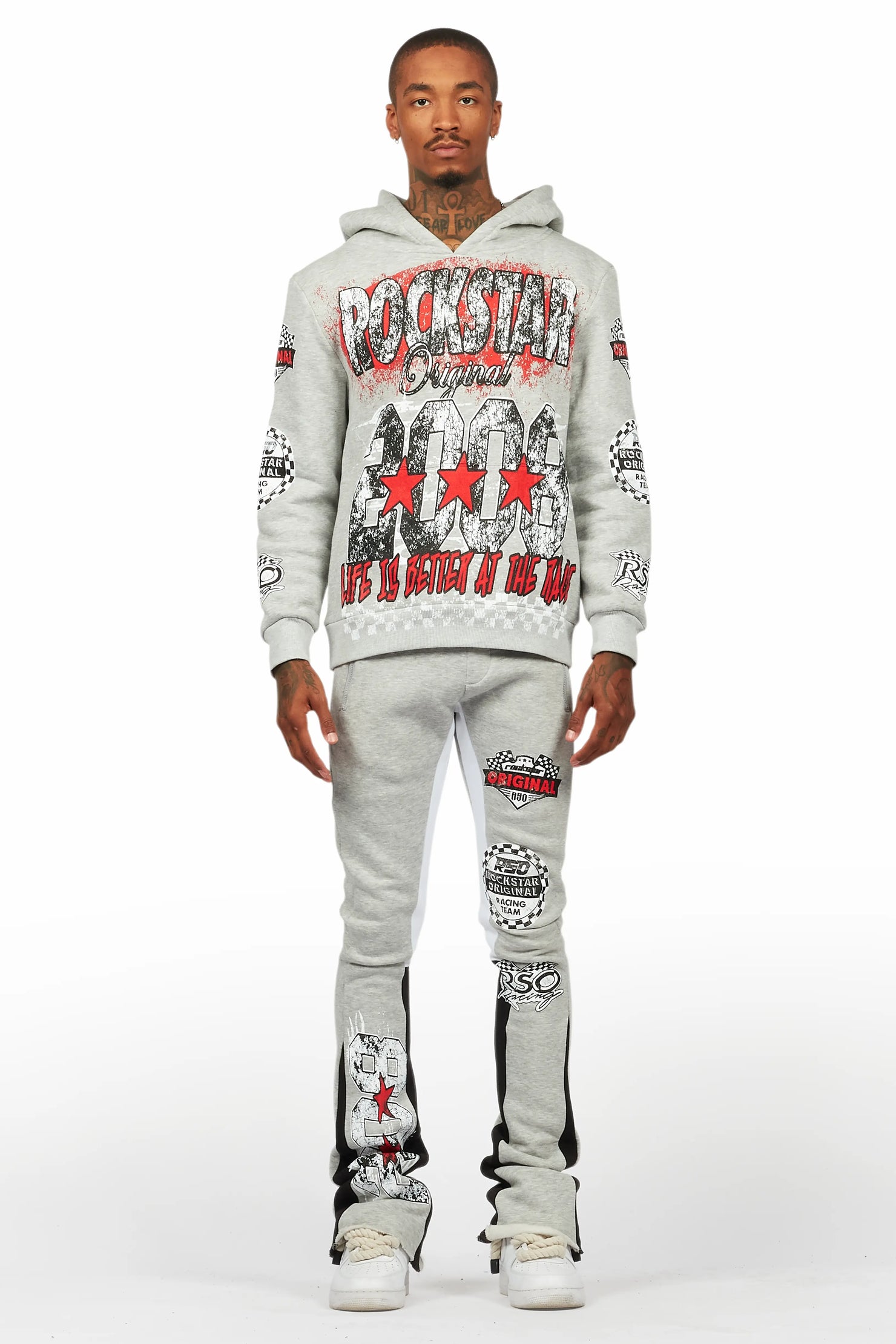 Racing Grung Heather Grey Hoodie/Stacked Flare Track Pant Set