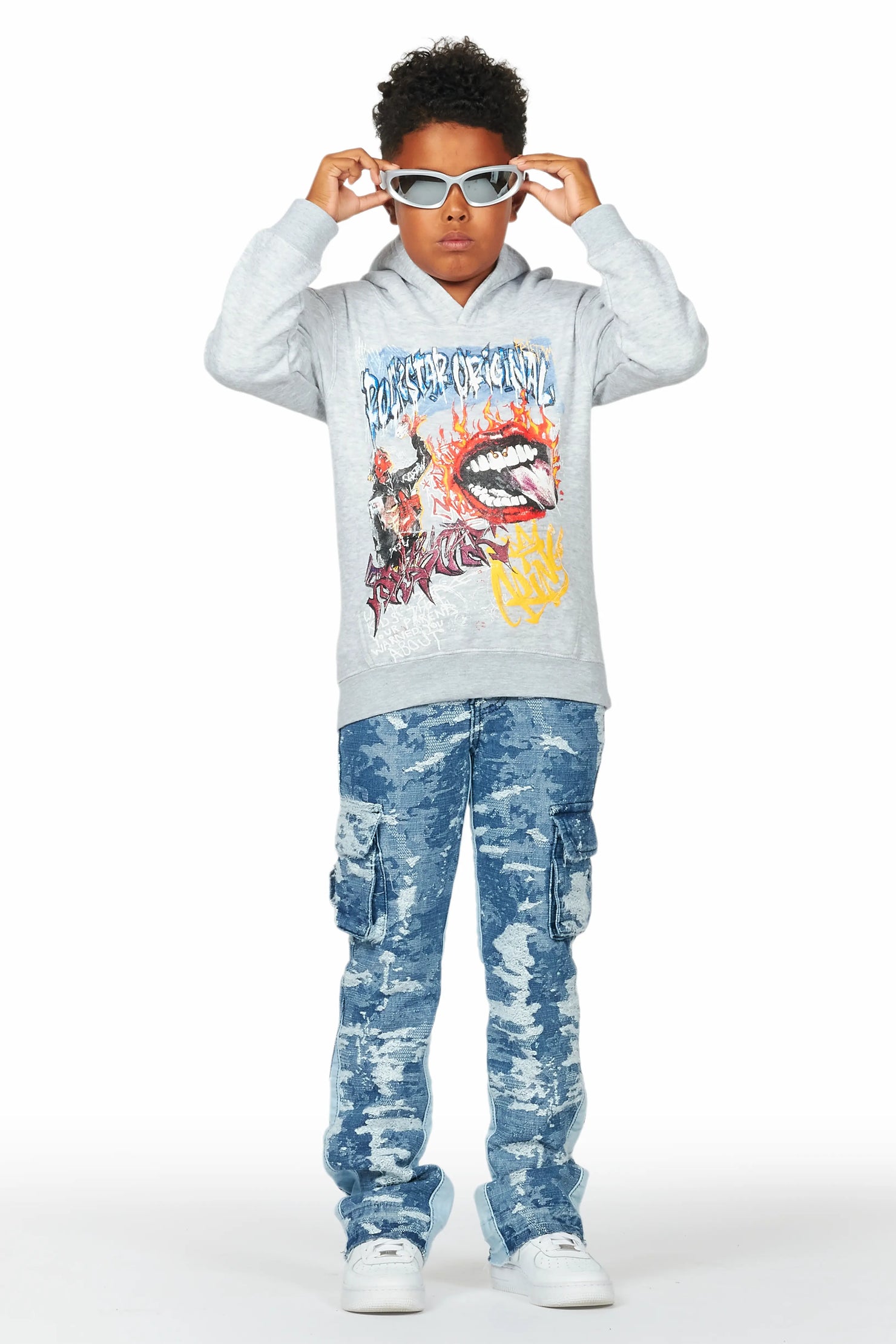 Boys Yooz Grey Hoodie/Stacked Flare Jean Set