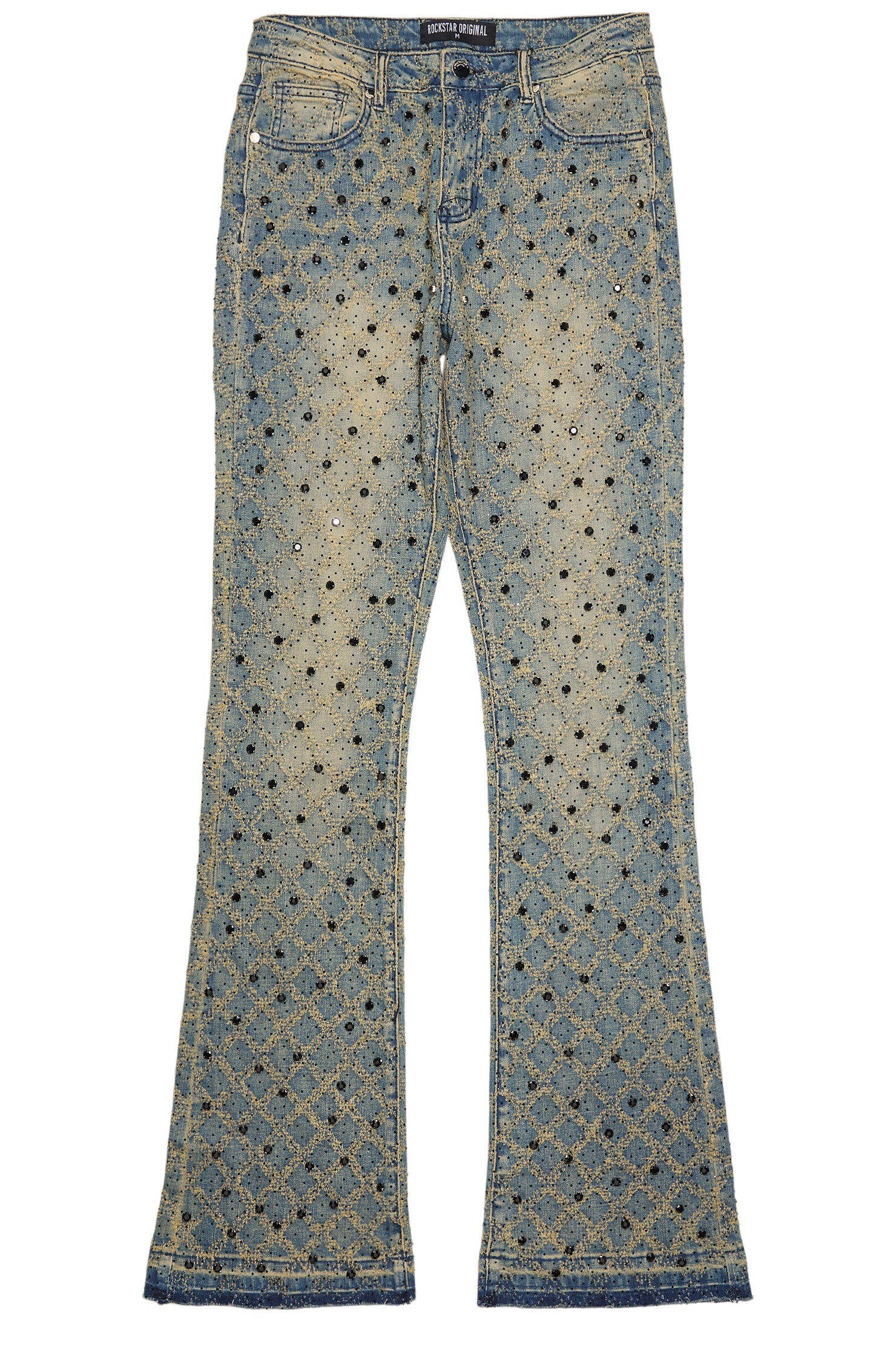 Sareka Tinted Dark Wash Rhinestone Stacked Flare Jean