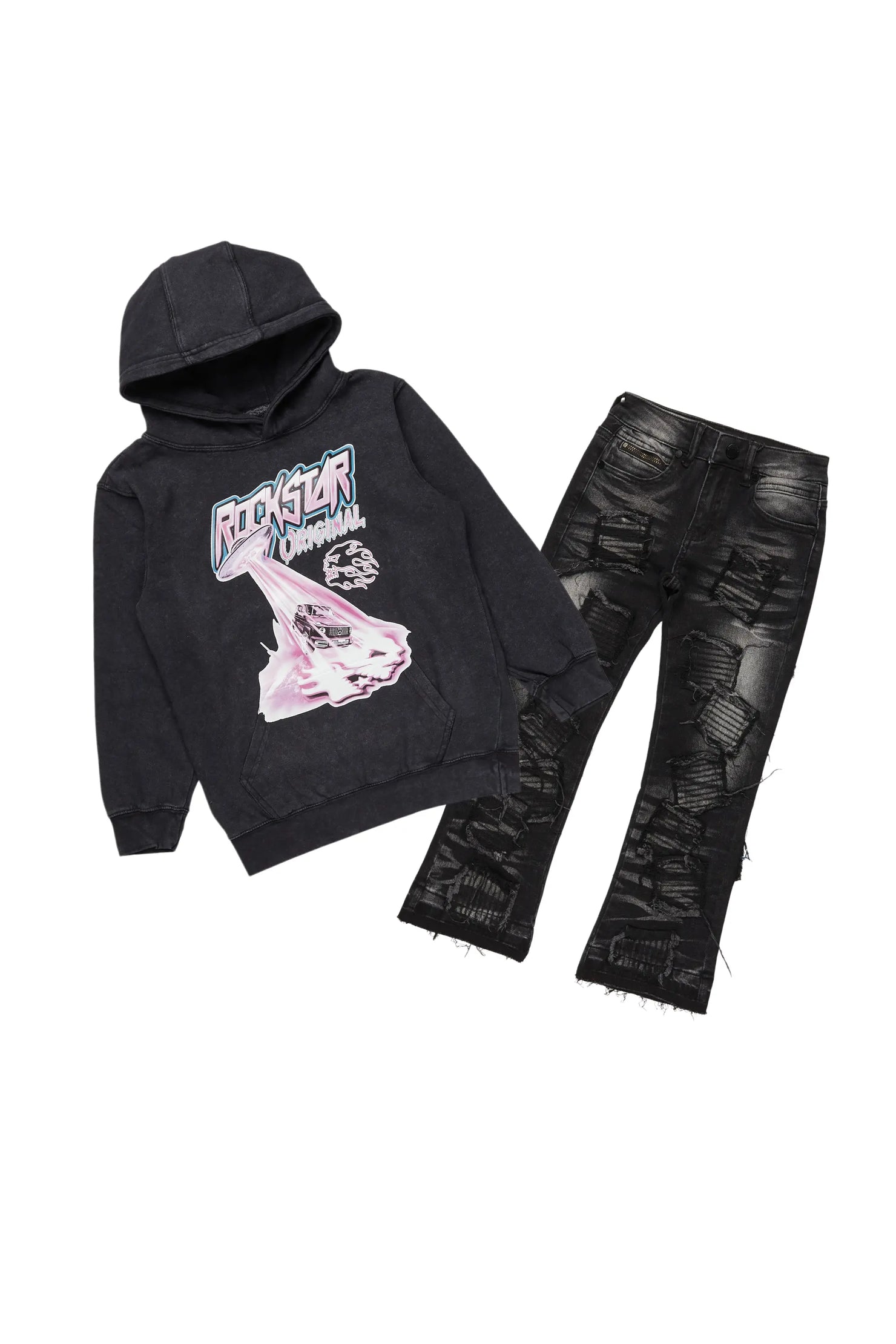 Boys Bede Vintage Black Hoodie/Stacked Flare Jean Set