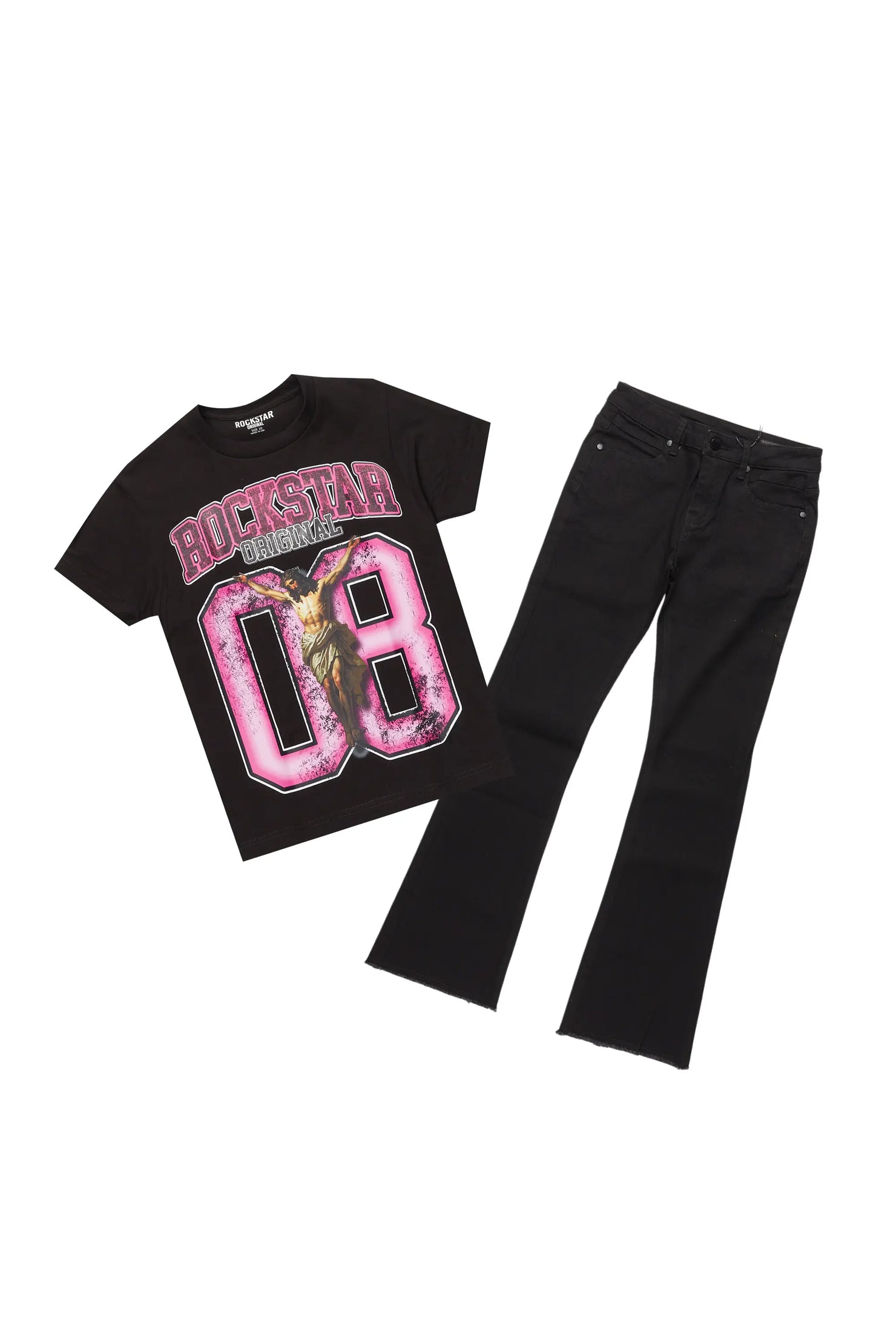 Boys Fields Black/Pink T-Shirt/Stacked Flare Jean Set