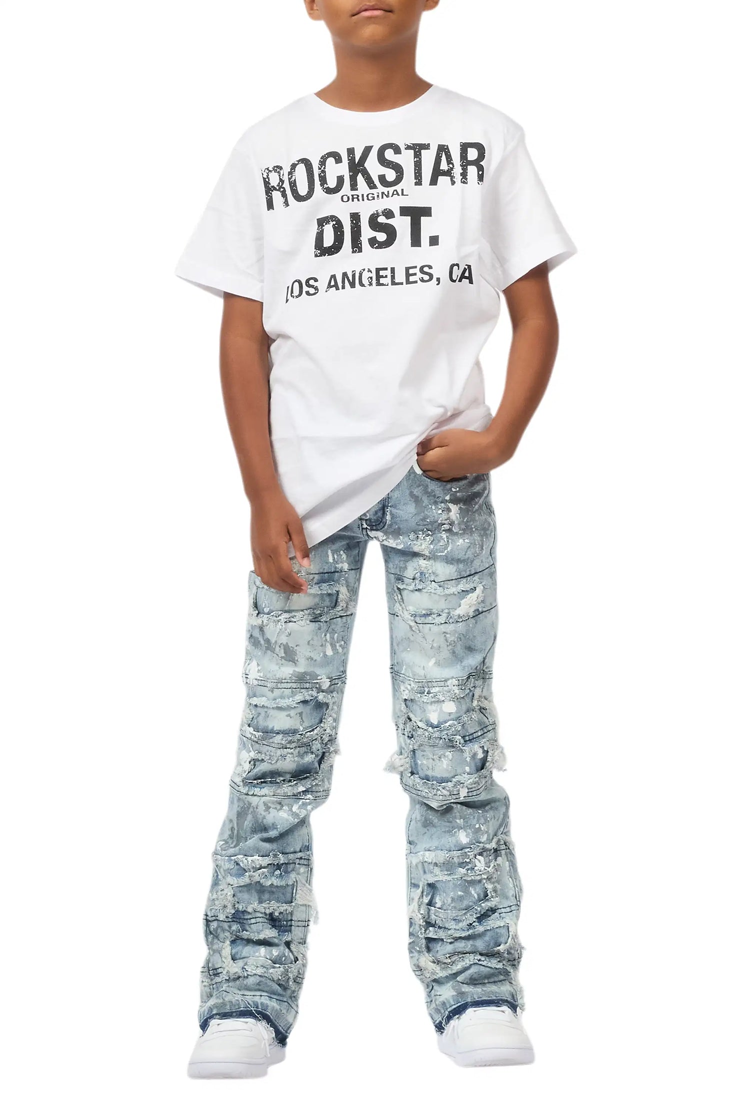 Boys Meille Blue/White Stacked Painter Flare Jean
