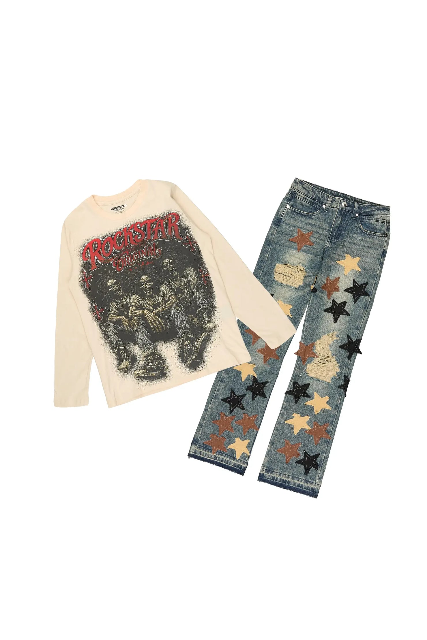 Boys Wilder Sand/Blue Long Sleeve T-shirt Patchwork Jean Set
