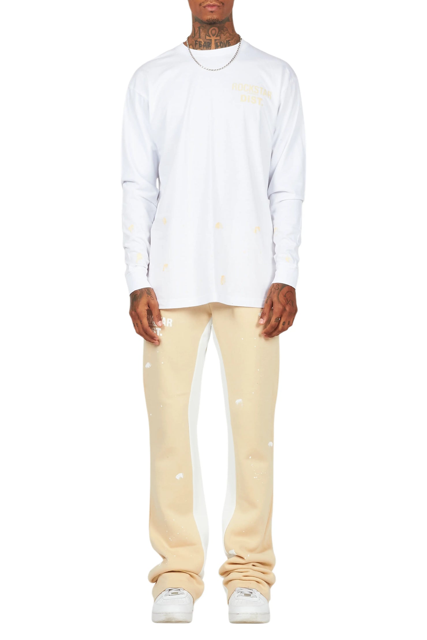 Raffer White/Beige Long Sleeve T-Shirt/Baggy Pant Set
