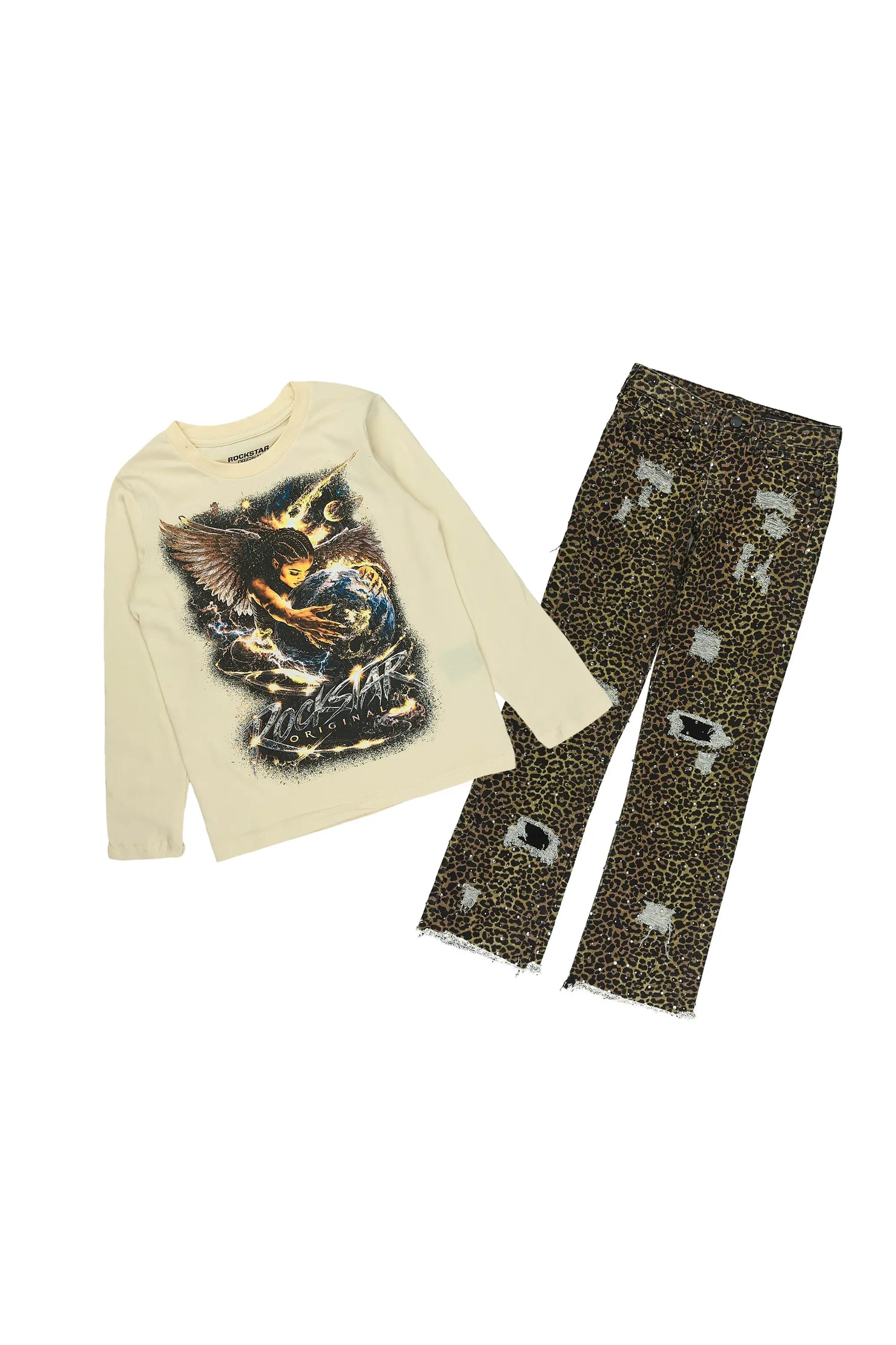 Girls Kearnly Sand/Cheetah Long Sleeve T-Shirt Rhinestone Jean Set
