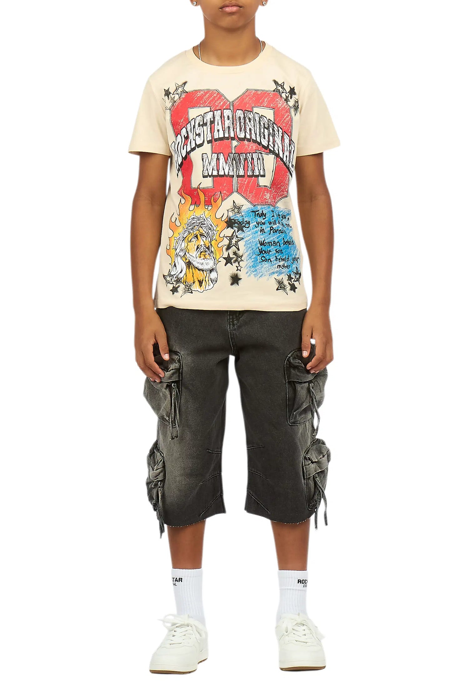 Boys Jesus Crayon Sand/Black T-Shirt/Denim Jort Set