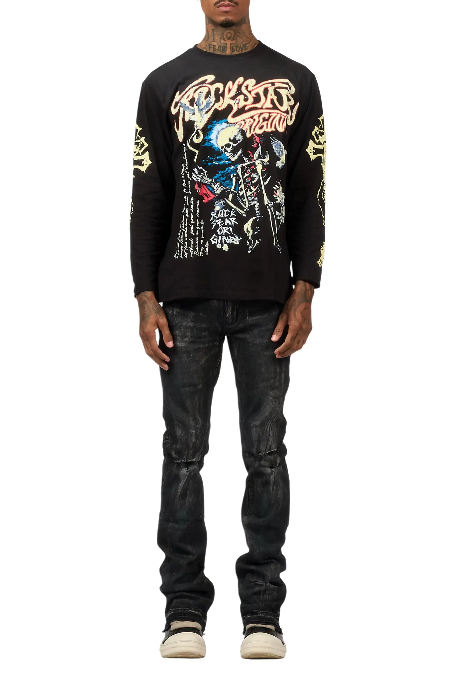Danby Black Long Sleeve & Inkspill Grey Oil Wash Stacked Flare Jean Bundle