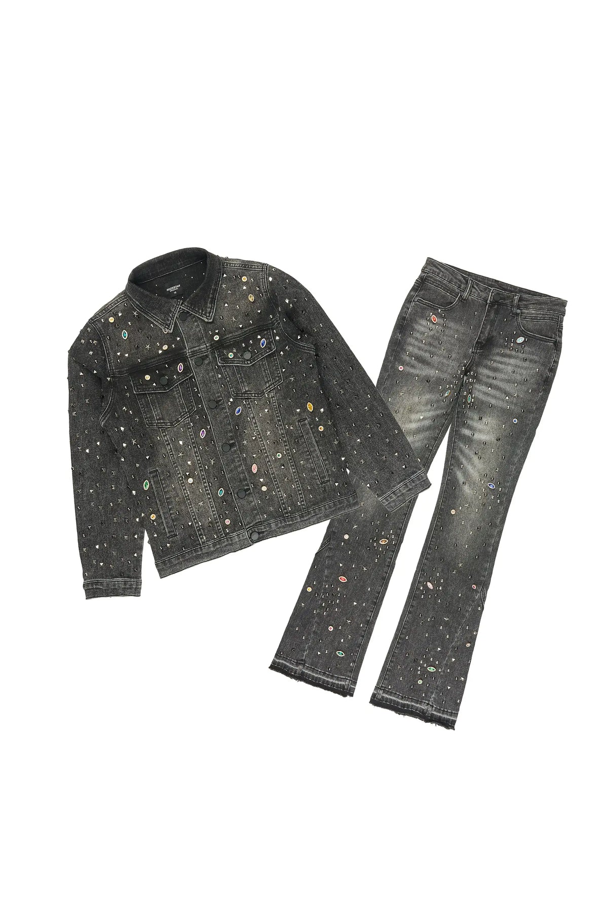 Boys Hendrix Black Rhinestone Denim Jacket/Stacked Flare Jean Set