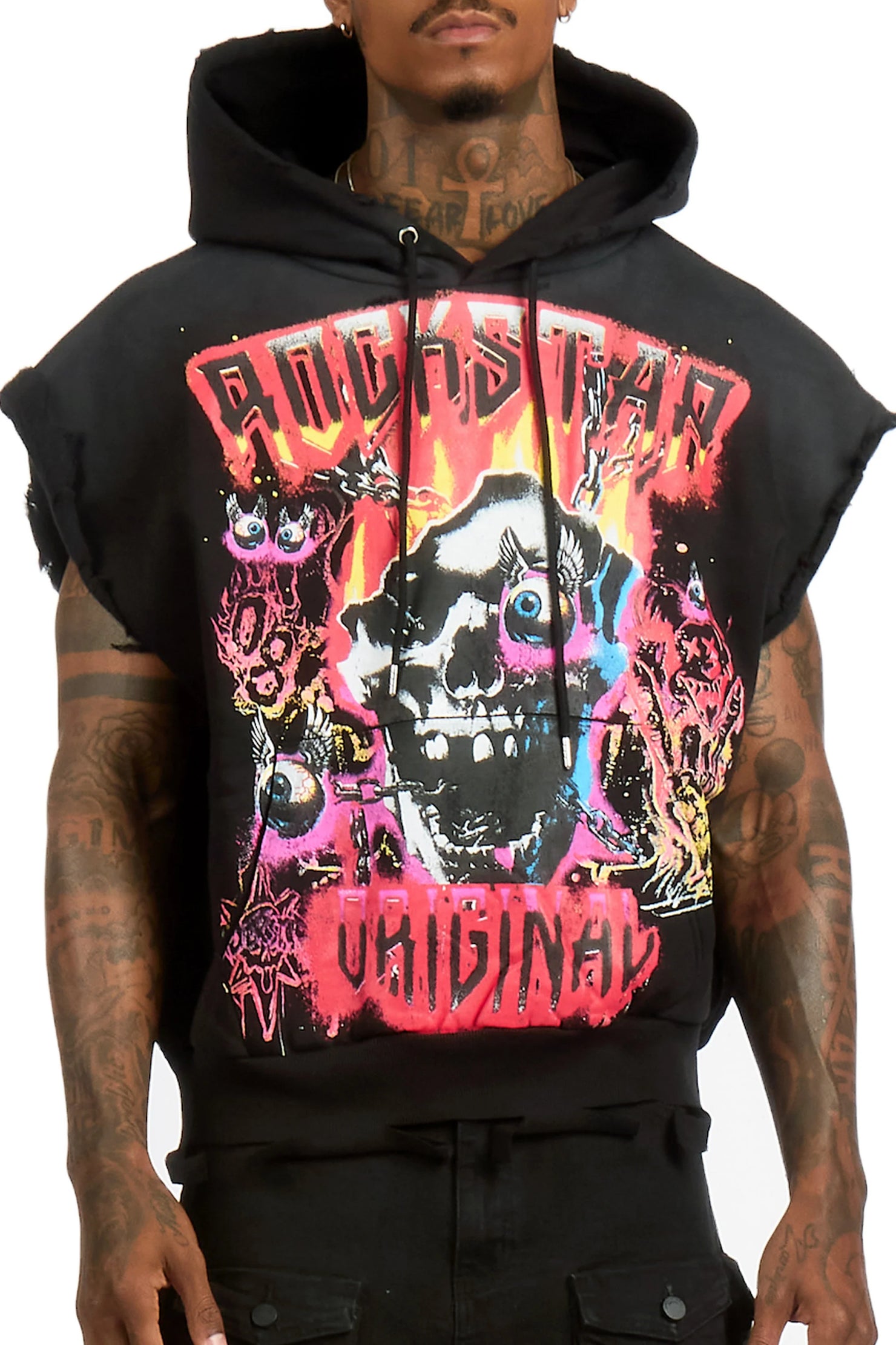 Styxx  Black Graphic Distressed Cut Sleeve Hoodie