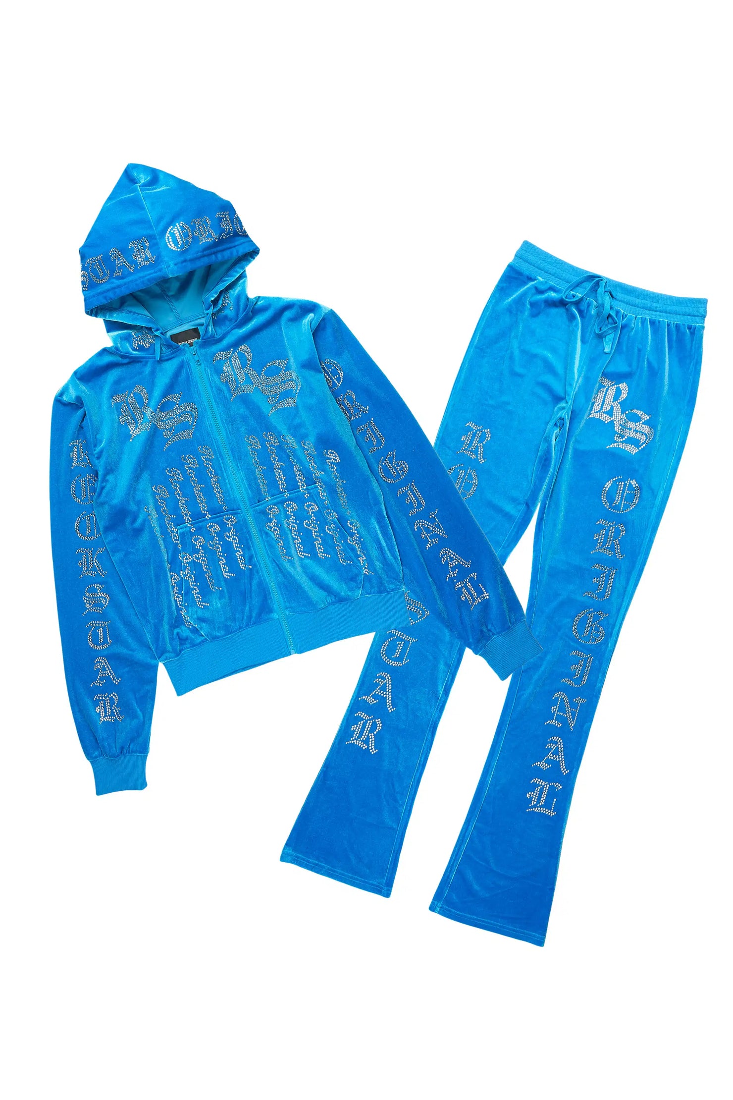 Doniqua Blue Rhinestone Velour Stacked Track Set