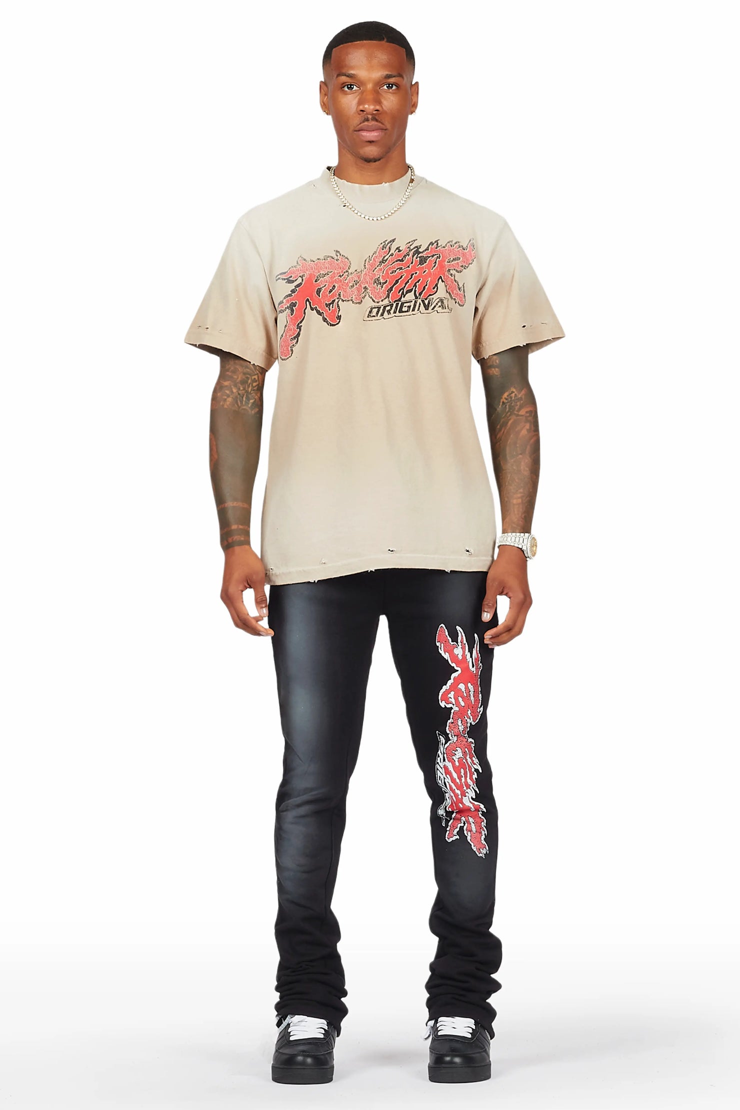 Yash Beige/Black Oversized T-Shirt/Stacked Flare Track Pant Set