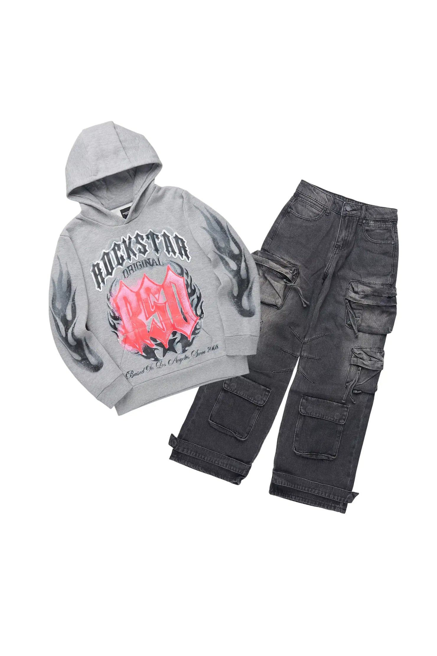 Boys Boaz Vintage Grey Hoodie & Lenz Black Baggy Jean Set