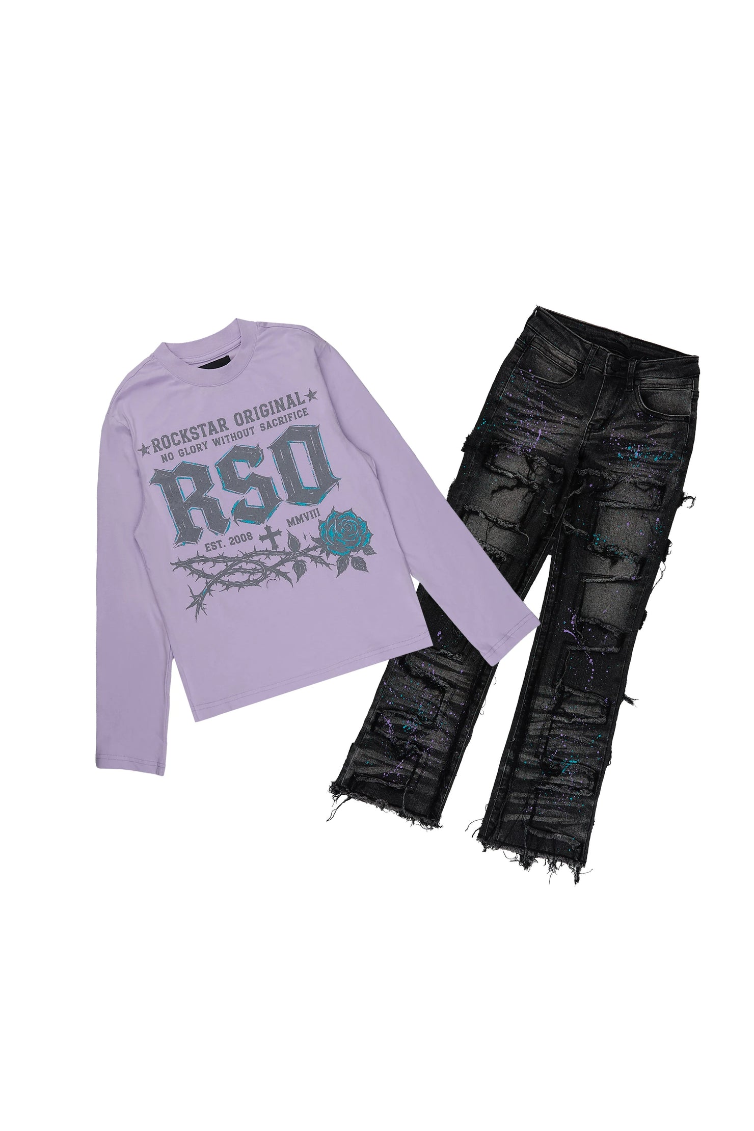 Girls Athena Lavender/Black Long Sleeve T-Shirt Stacked Jean Set