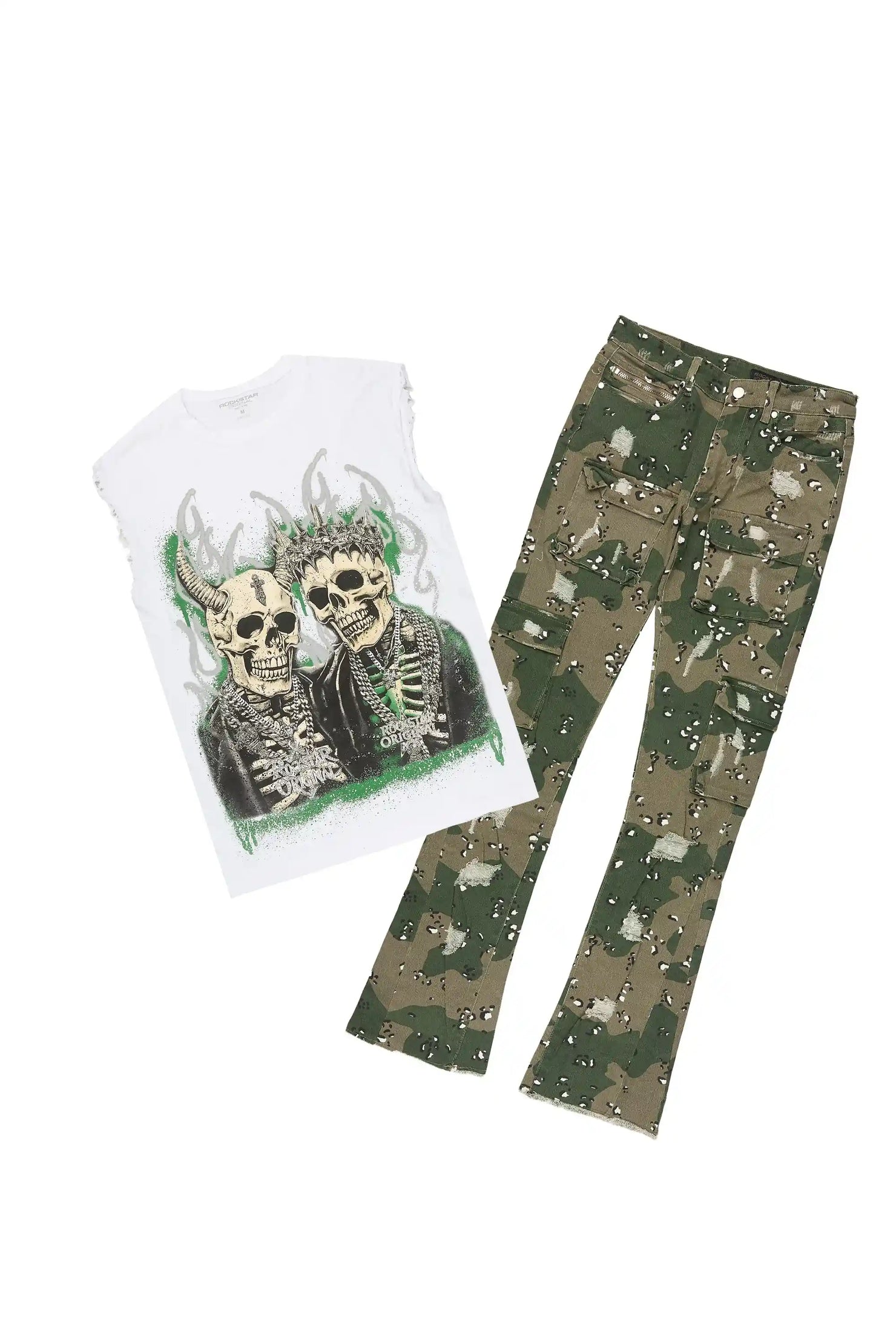 Kingston White/Camo Graphic T-Shirt & Kade Stacked Flare Jean Set