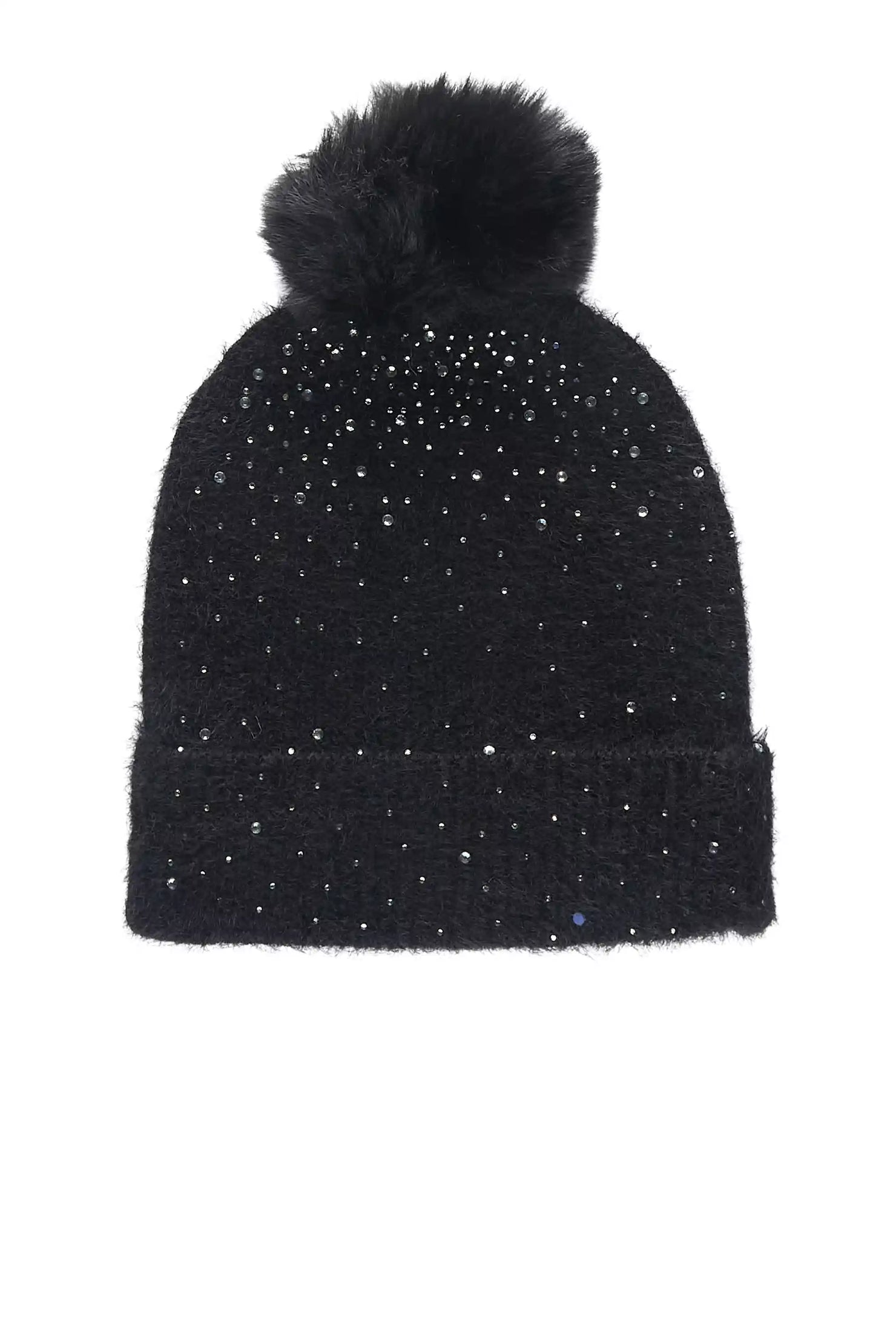 Tajuana Black Rhinestone Beanie With Fur Pom