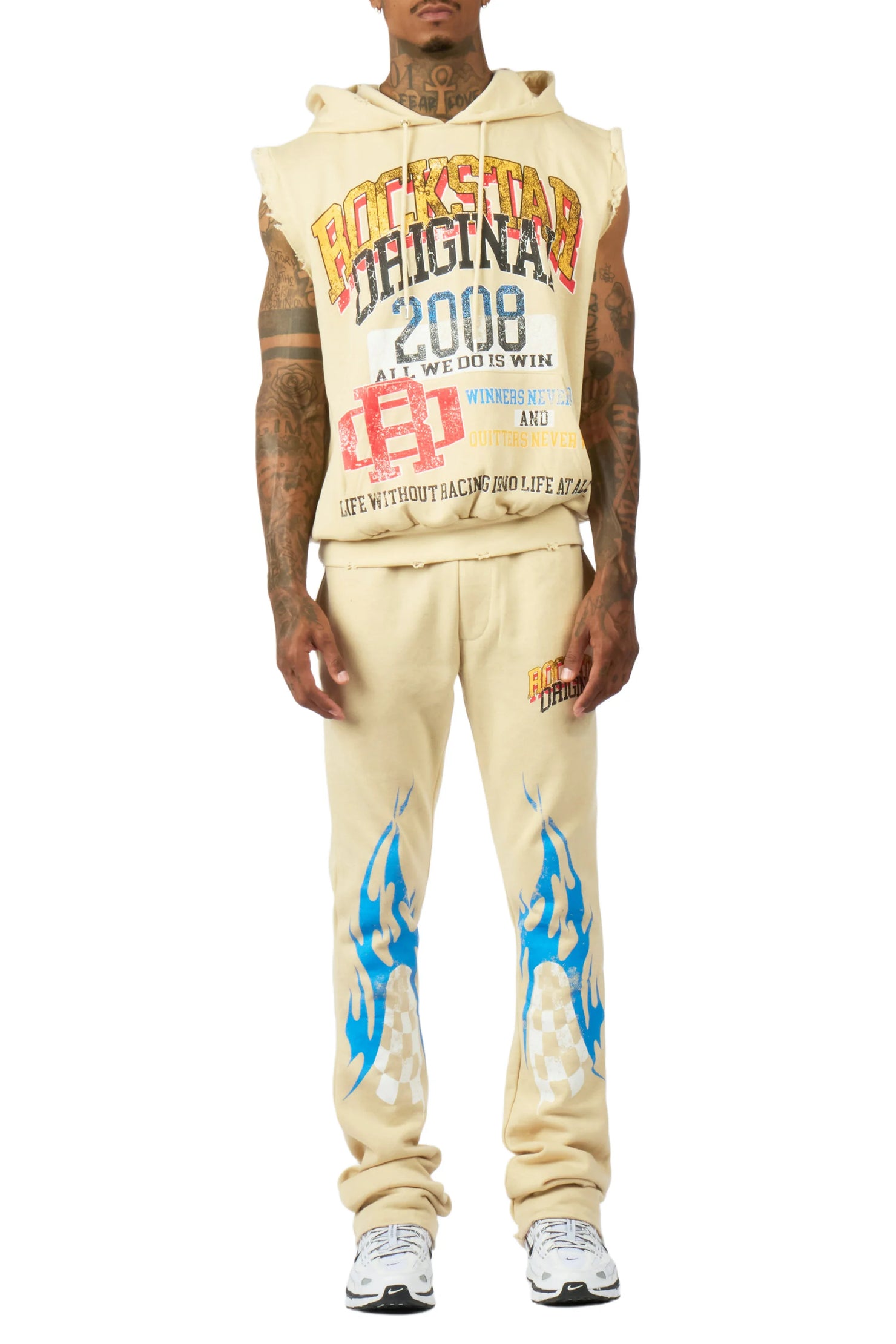 Colorful Race Beige Cut Sleeve Hoodie Stacked Track Set