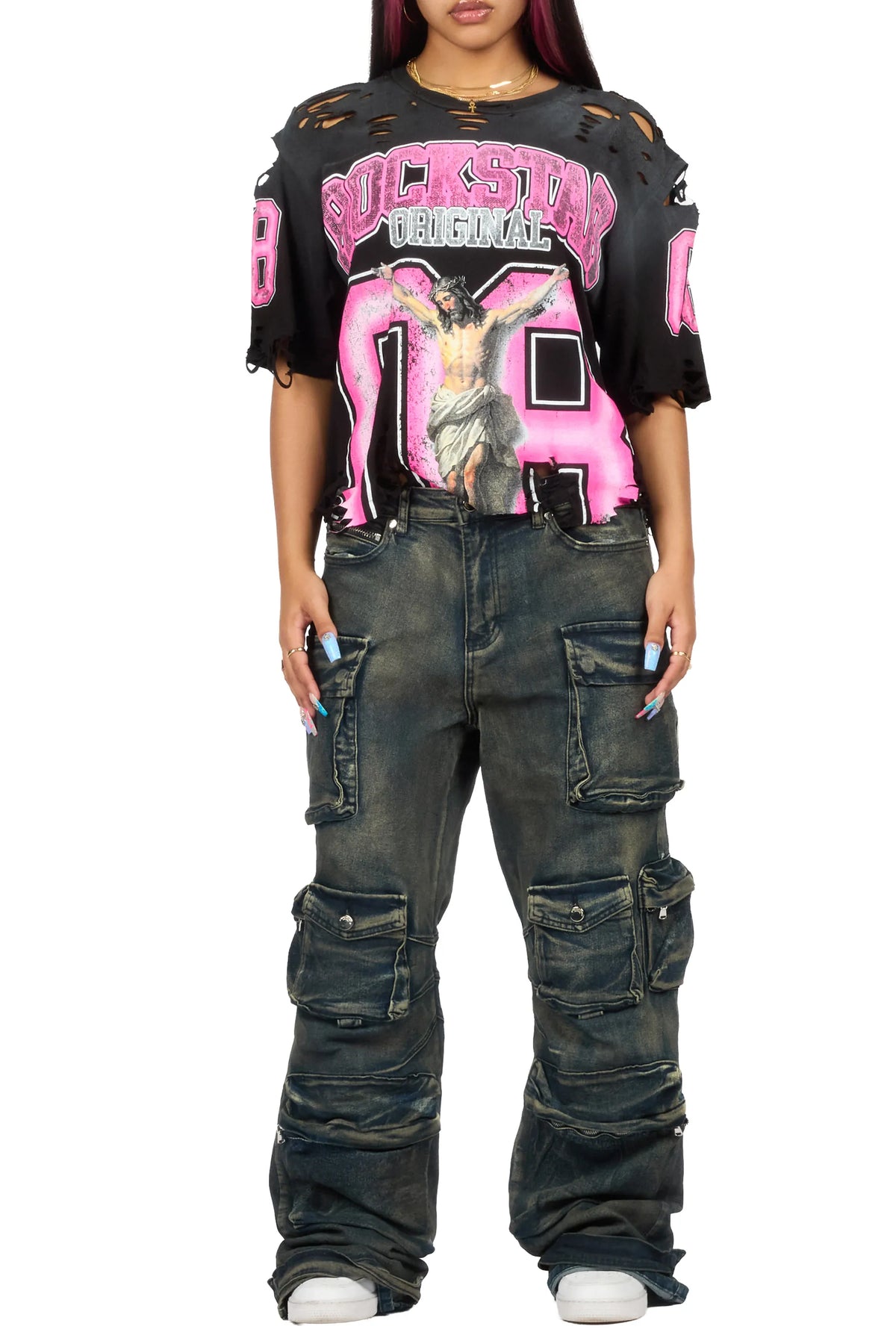 Tariqa 2.0 Black/Pink Distressed Oversized T-Shirt