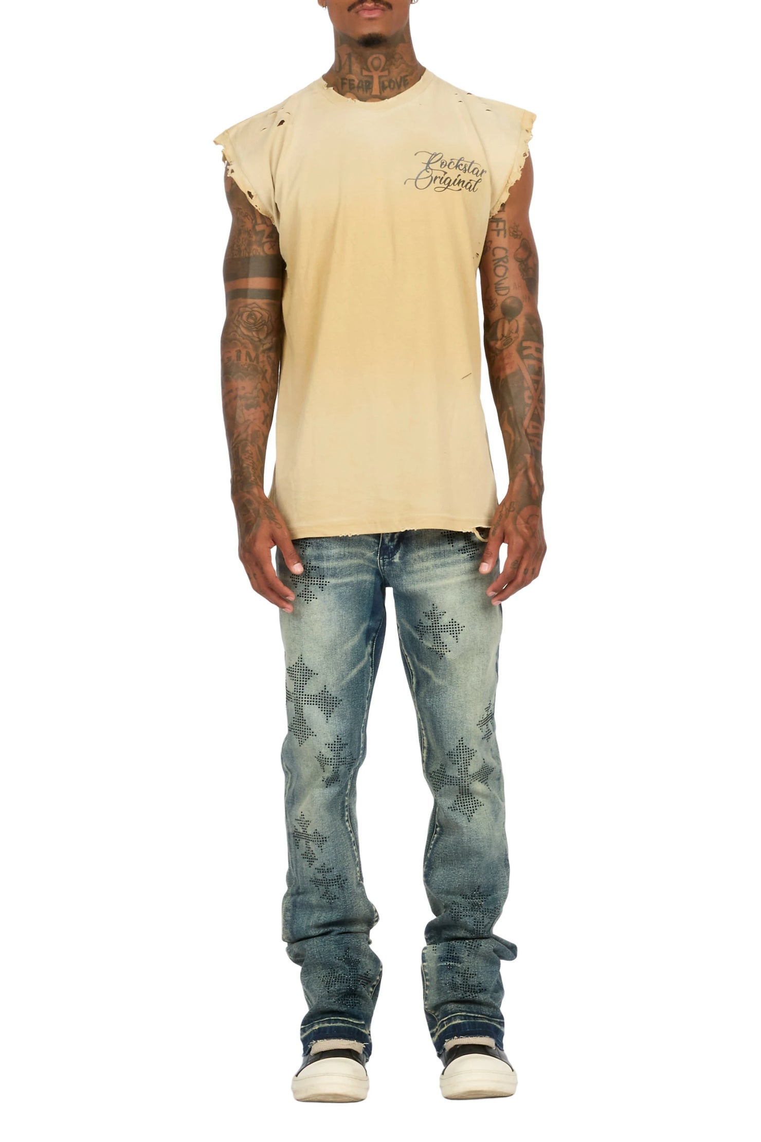 Kamari Dark Blue Rhinestone Stacked Fit Jean