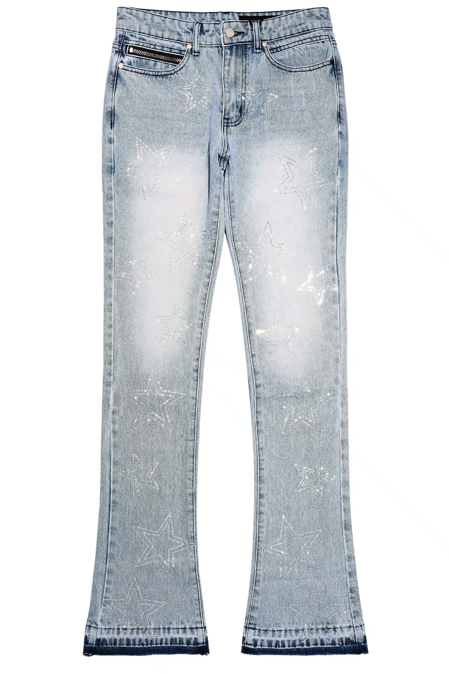Kama Light Blue Rhinestone Stacked Flare Jean