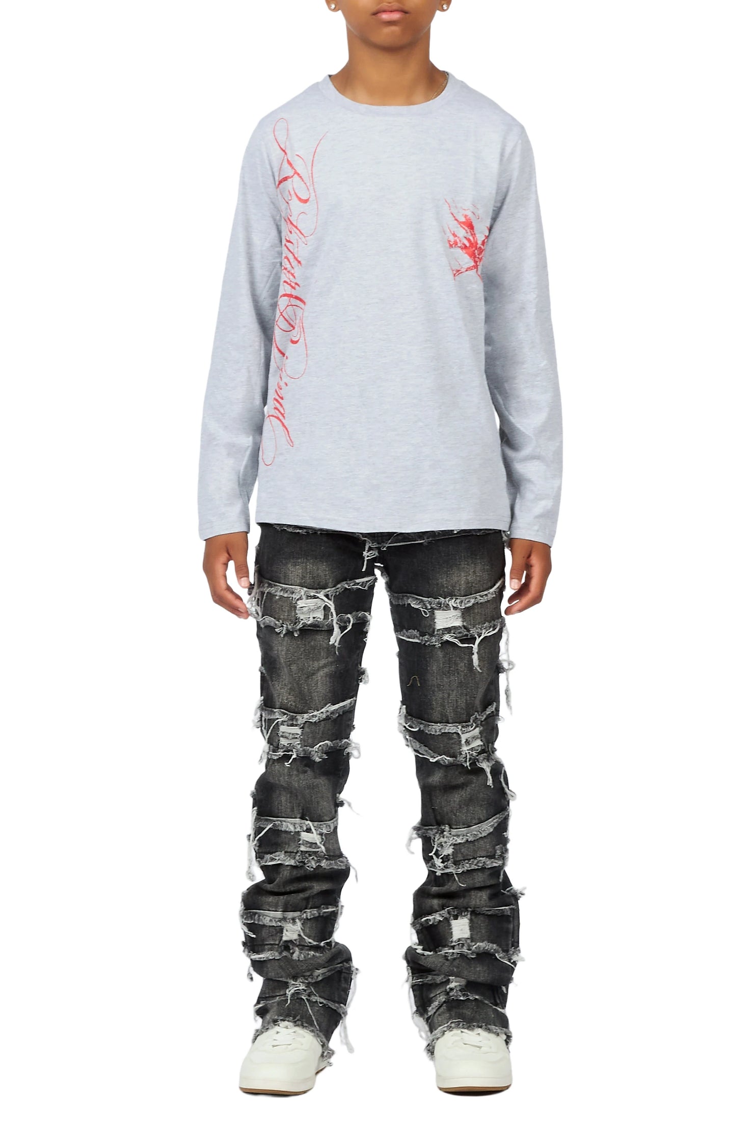 Boys Cobain Grey/Black T-Shirt Stacked Jean Set