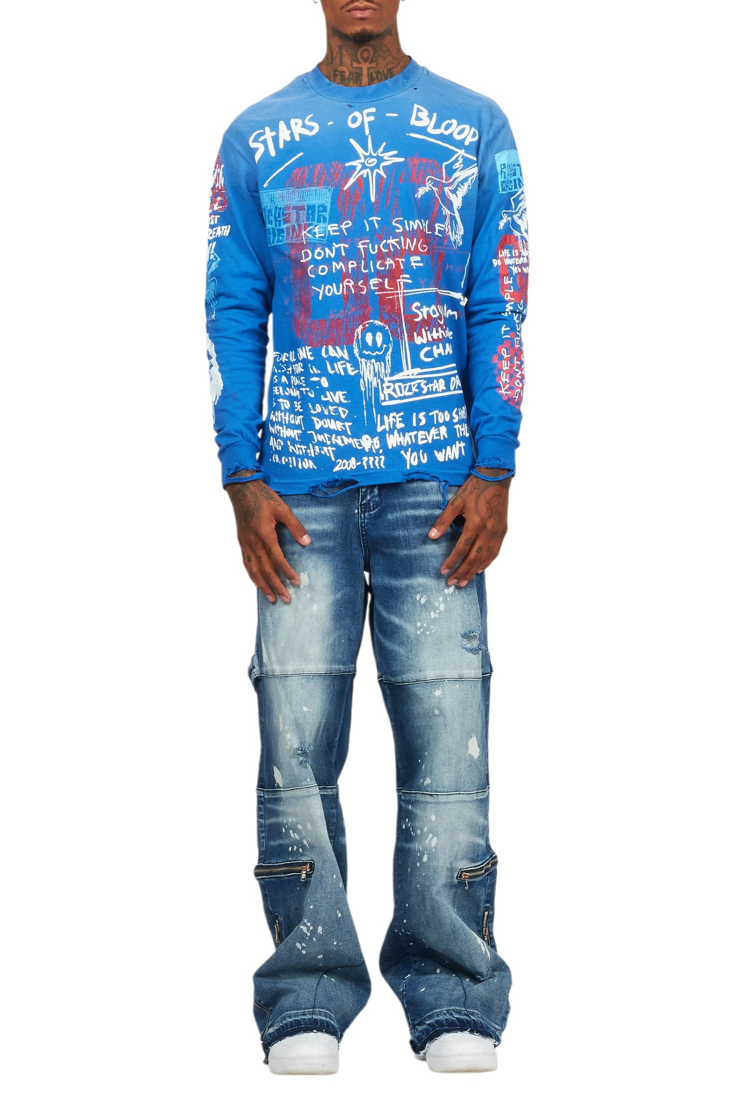 Gabin Royal Blue Long Sleeve Graphic T-Shirt