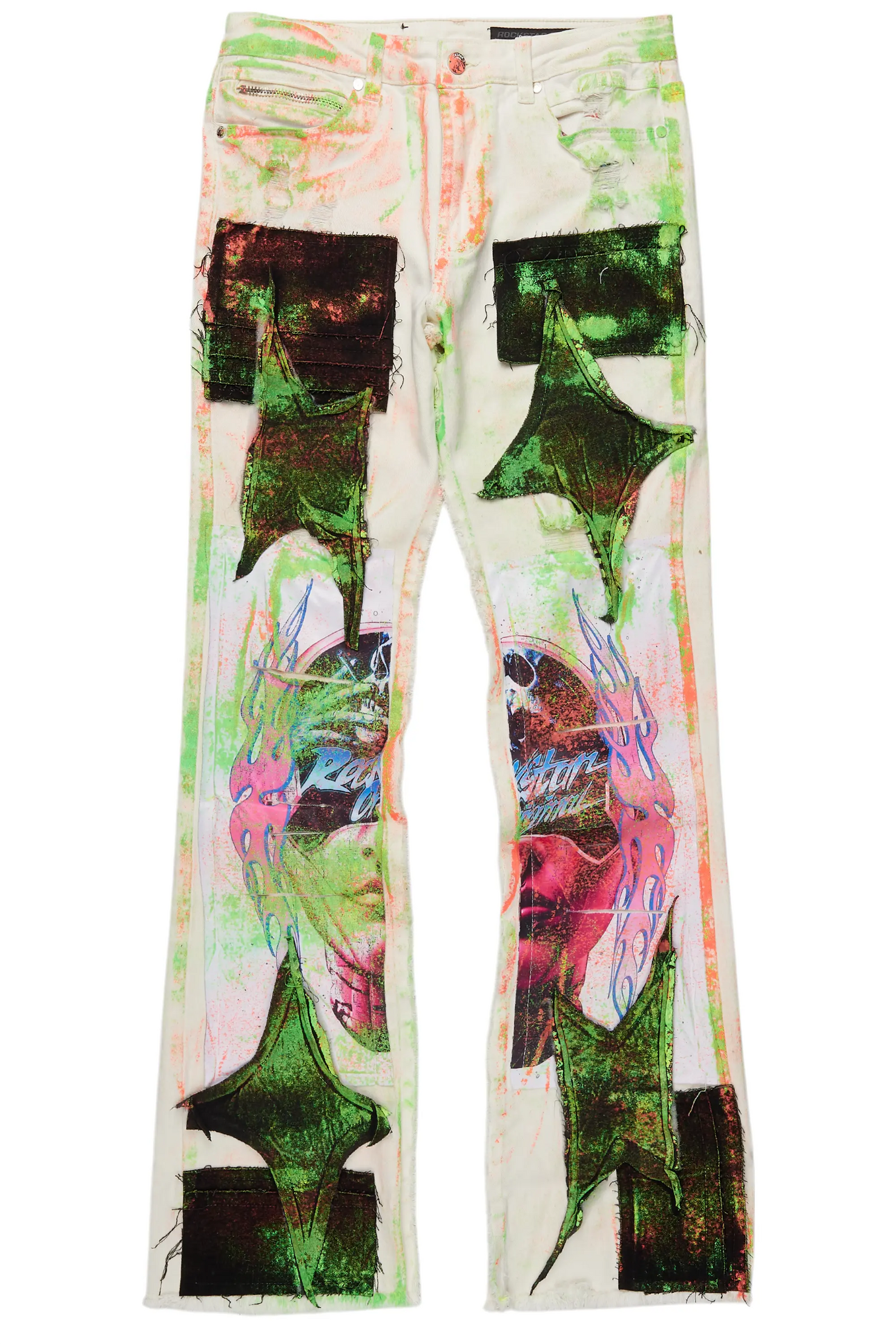 Helki Beige/Green Roller Paint Stacked Flare Jean