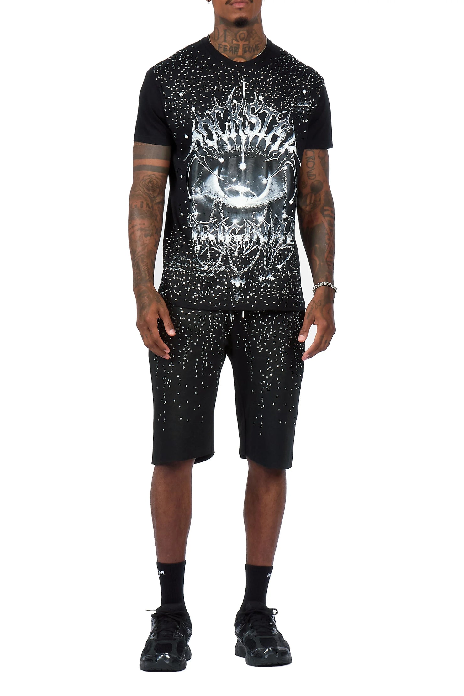 Malykz Black/Black Rhinestone T-Shirt/Short Set