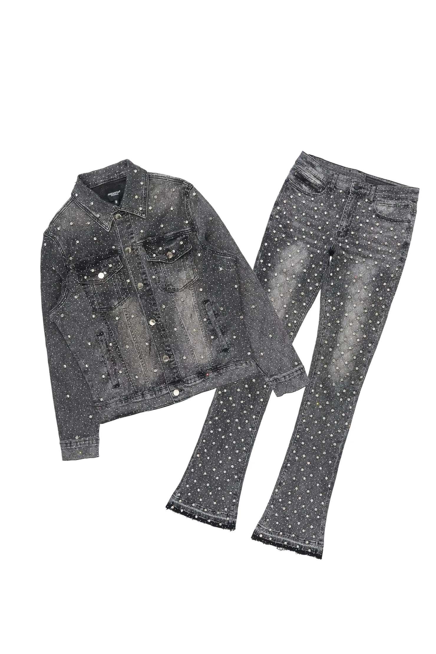 Glit Dark Grey Rhinestone Denim Jacket/Stacked Flare Jean Set