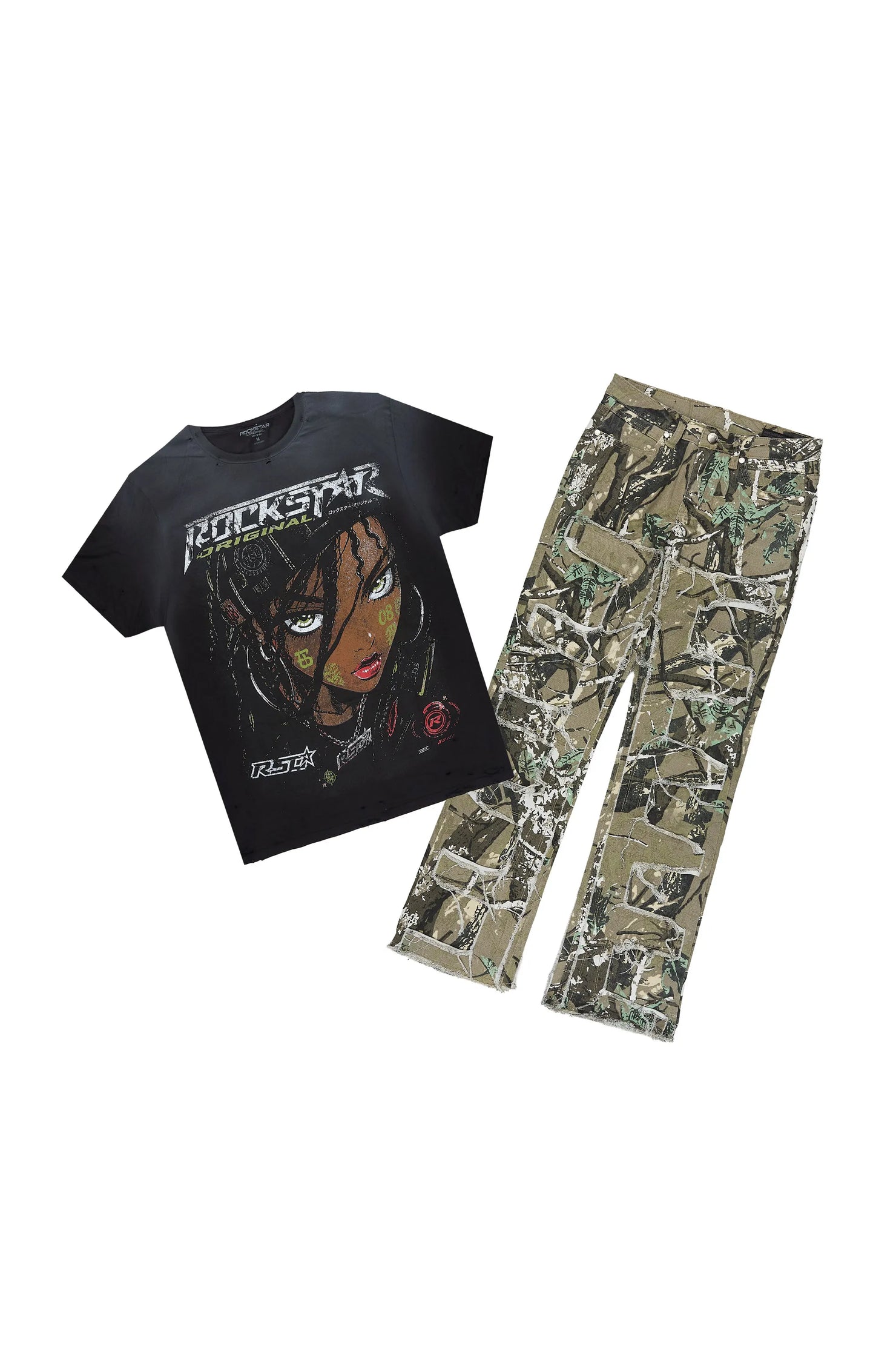 Boys Brayzo 2.0 Black/Camo T-Shirt Stacked Jean Set