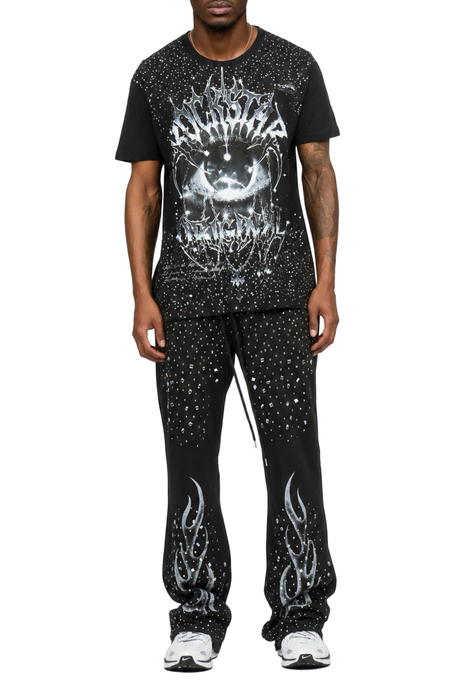 Malykz Black/Black Rhinestone T-shirt/Stacked Flare Track Pant Set