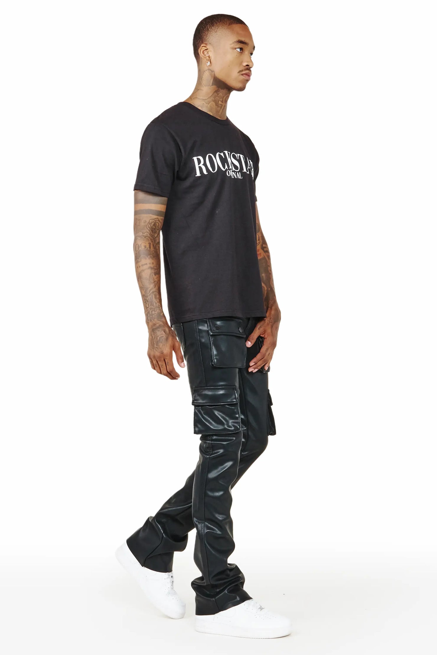 Khaza Black Faux Leather Stacked Flare Jean