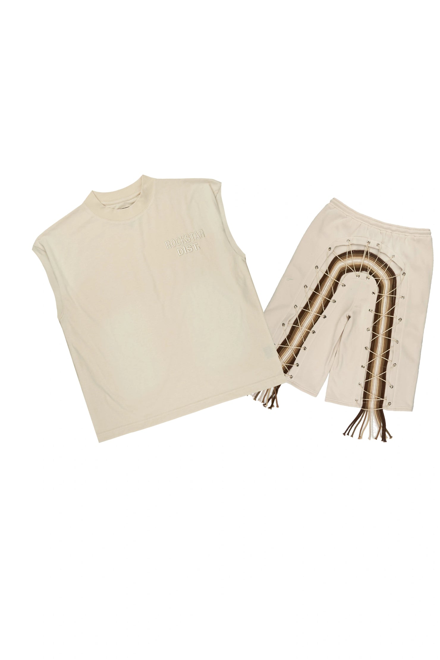 Jolan Beige Cut Sleeve T-Shirt/Jort Set