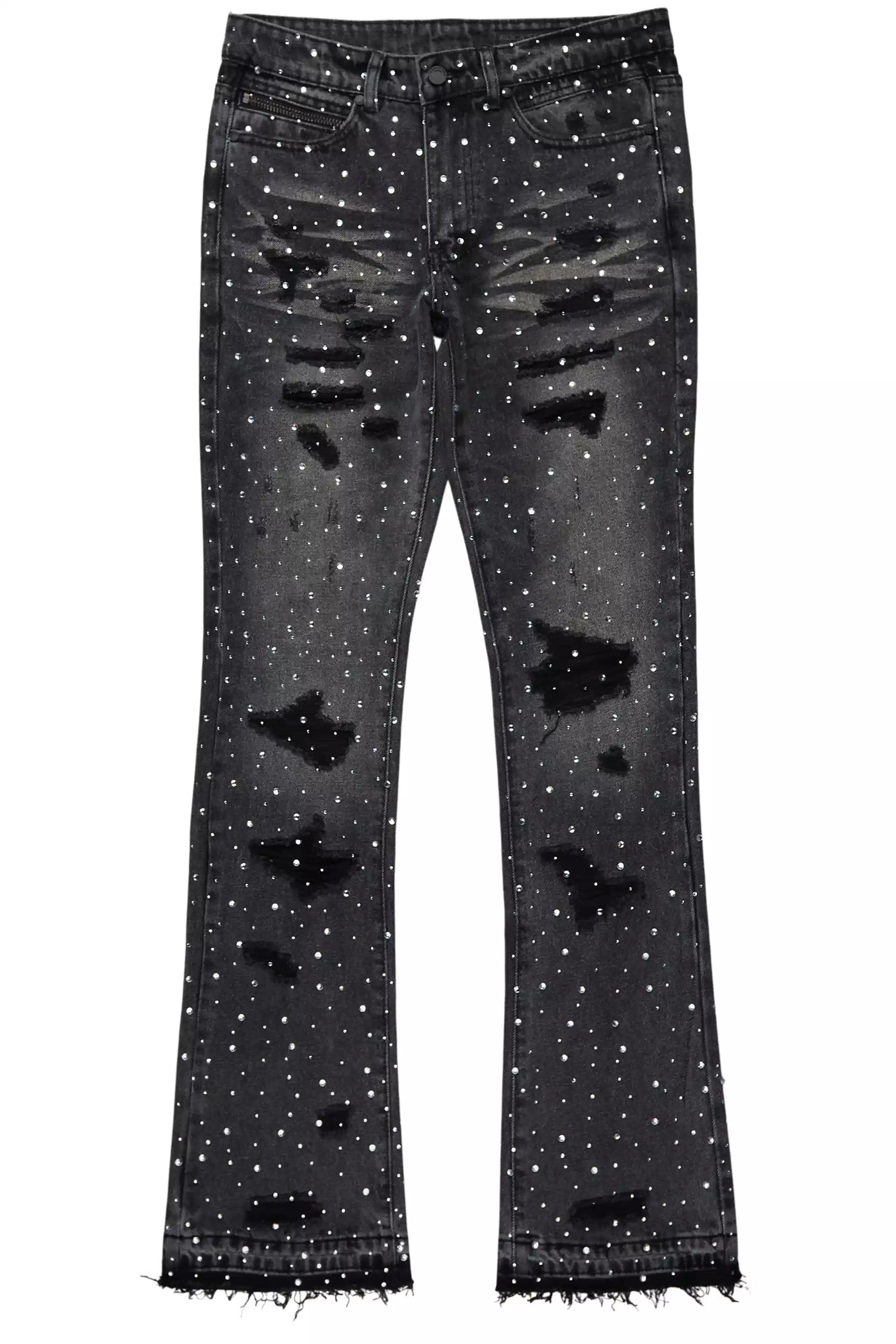 Stunt Dark Grey Rhinestone Stacked Flare Jean