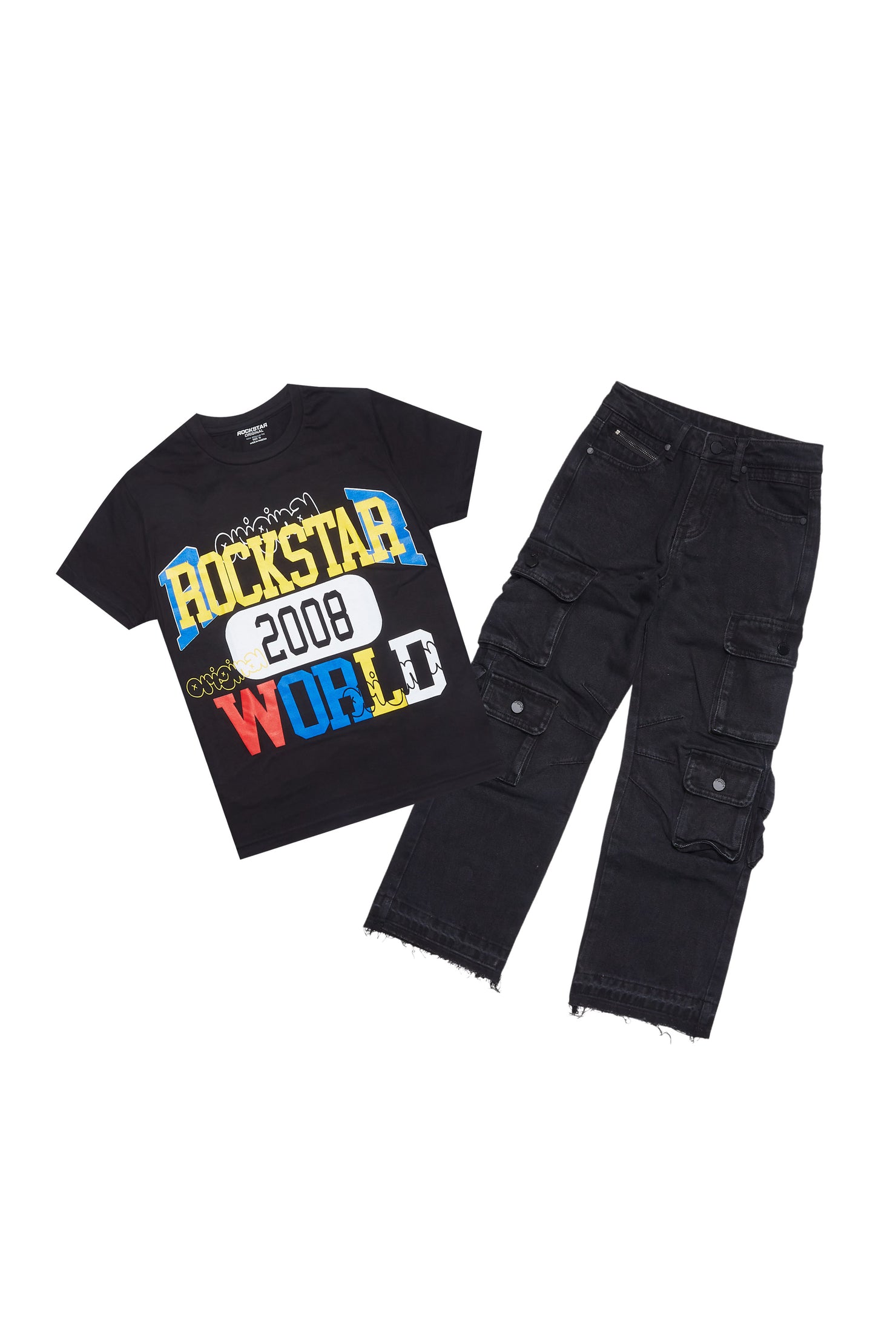 Boys Daria Black/Multi T-Shirt/Stacked Flare Jean Set