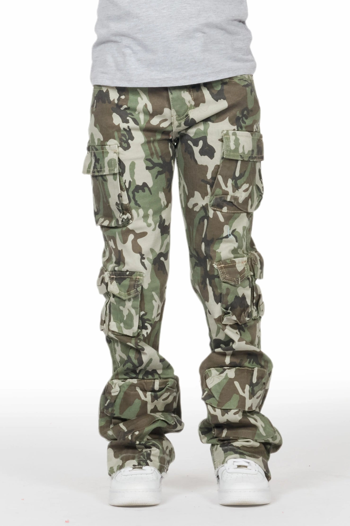 Boys Yves Green Camo Stacked Flare Cargo Jean