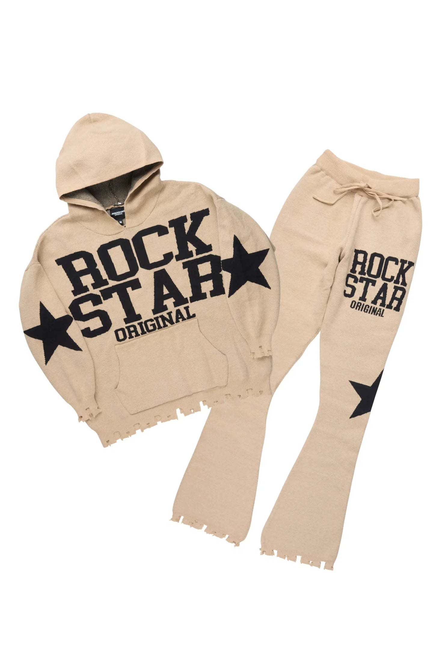 Outlaw Beige Hoodie Stacked Flare Knitted Set