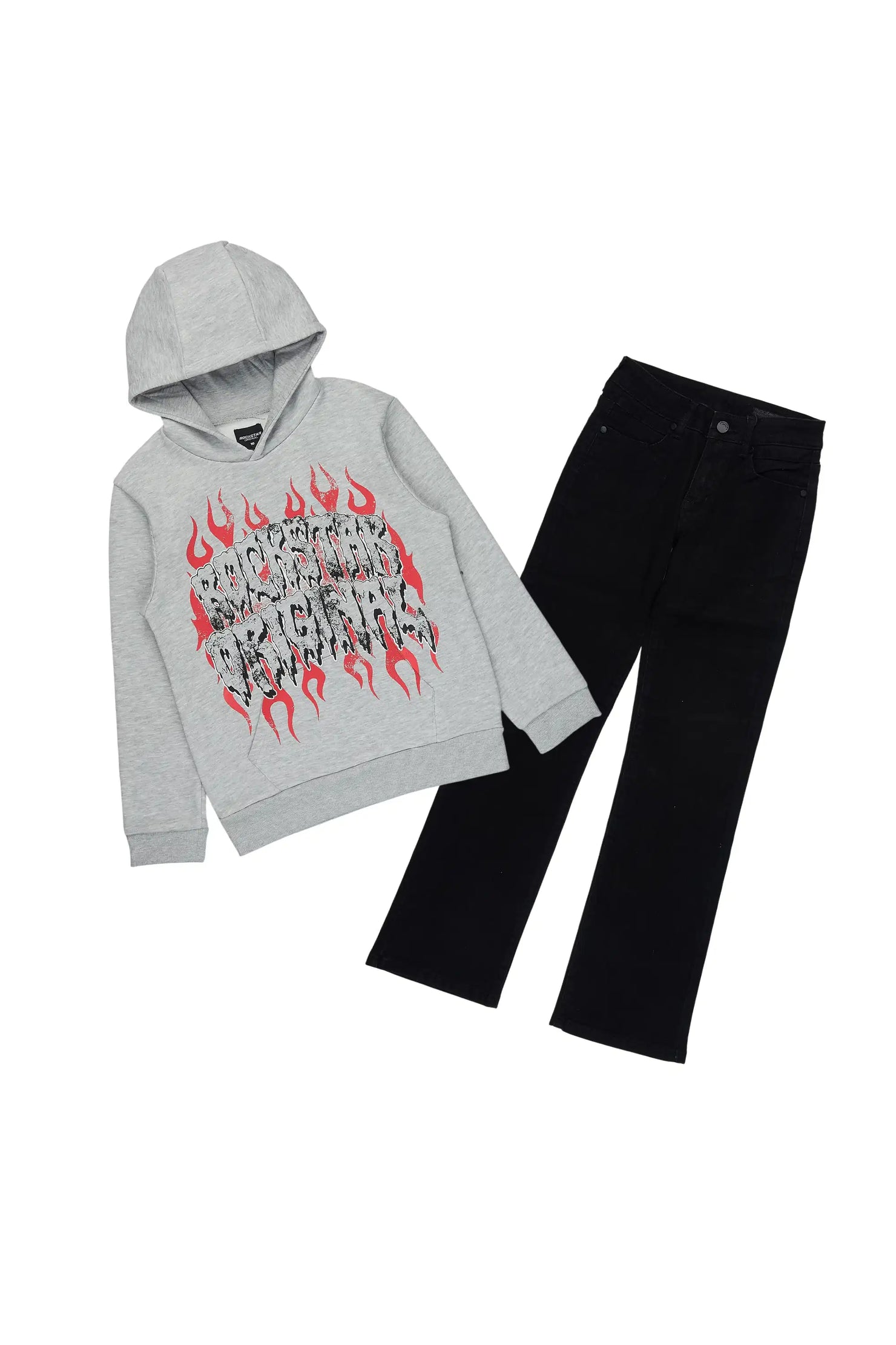 Boys Kaelonix Grey Hoodie & Drick Stacked Jean Set