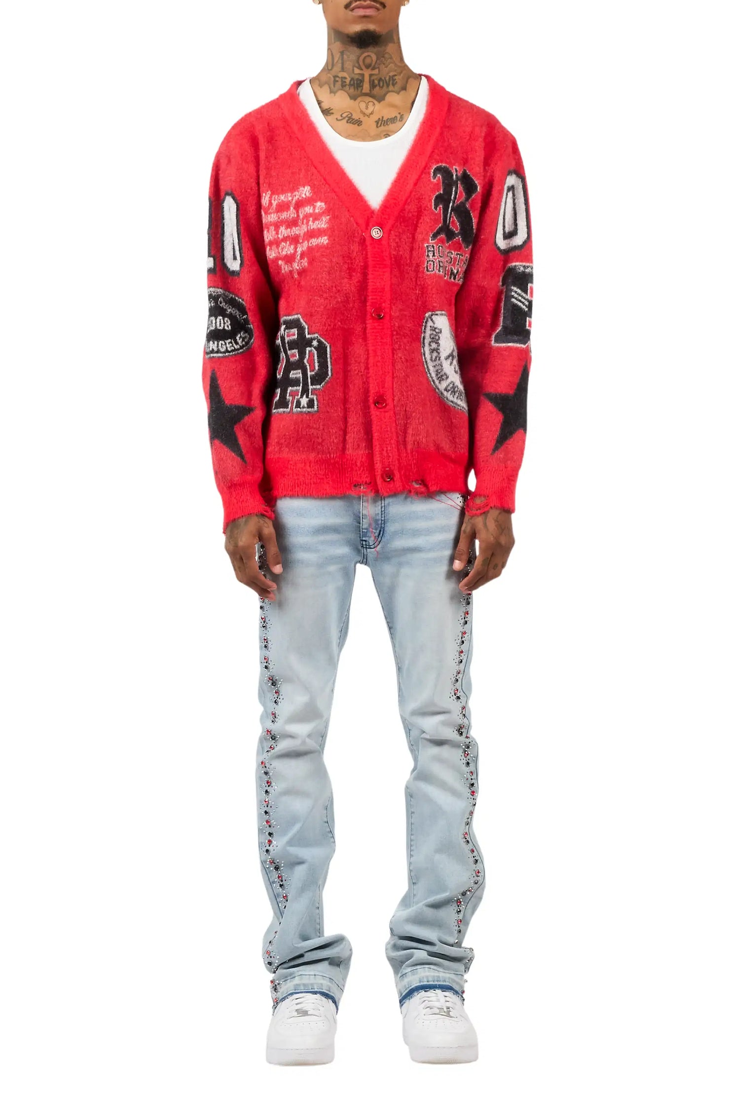 Ozi Rhinestone Light Blue Stacked Flare Jean