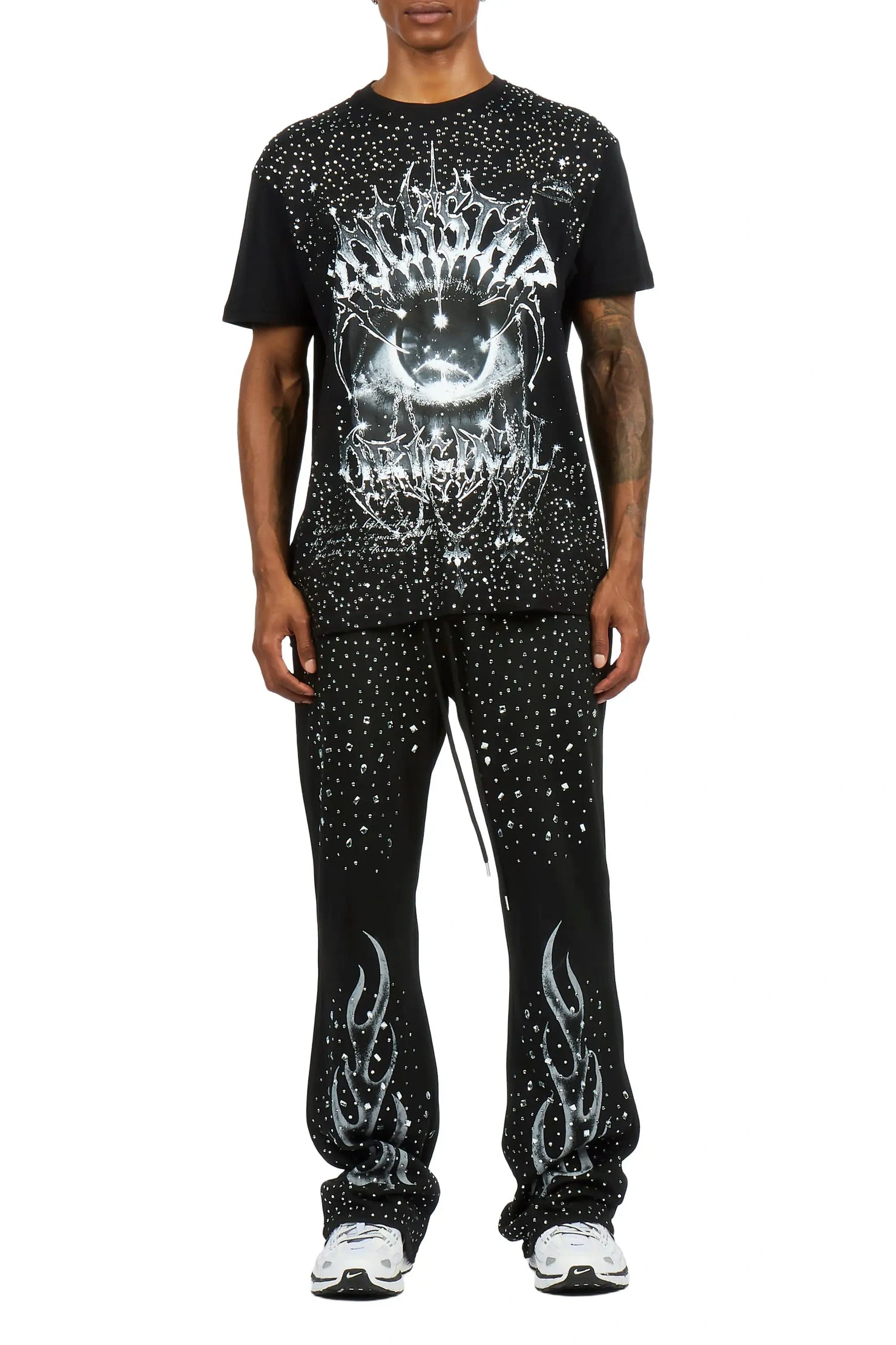 Malykz Black/Black Rhinestone T-shirt/Stacked Flare Track Pant Set