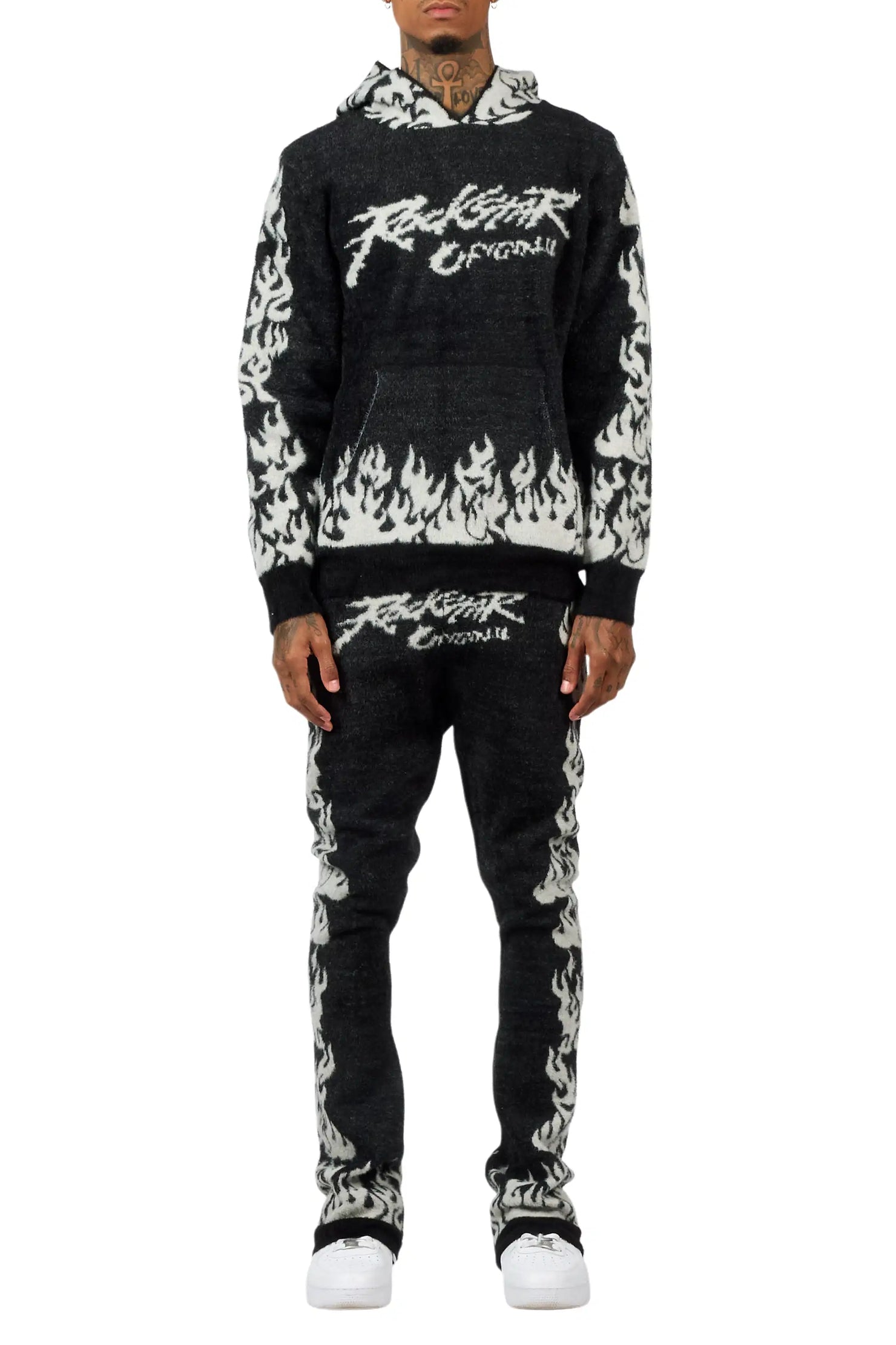 Yash Black Hoodie Stacked Flare Track Set