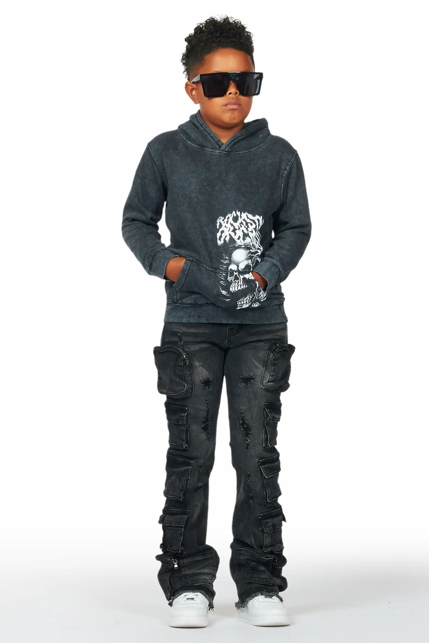 Boys Root Vintage Black Hoodie/Cargo Stack Flare Jean Set