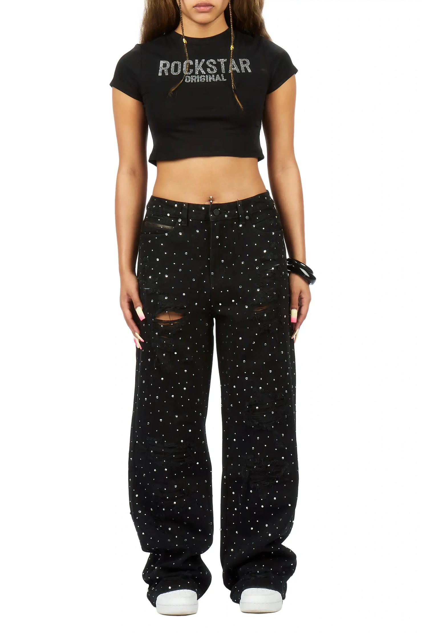 Amayah Black Rhinestone Baggy Fit Jean