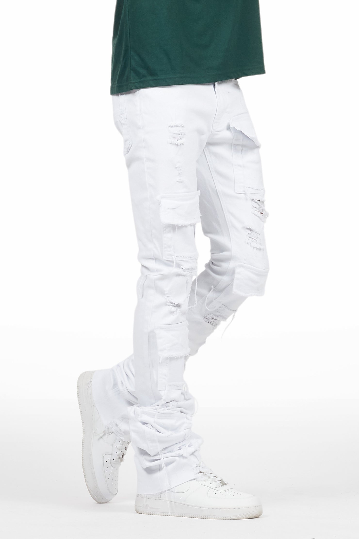 Pooja White Super Stacked Flare Jean
